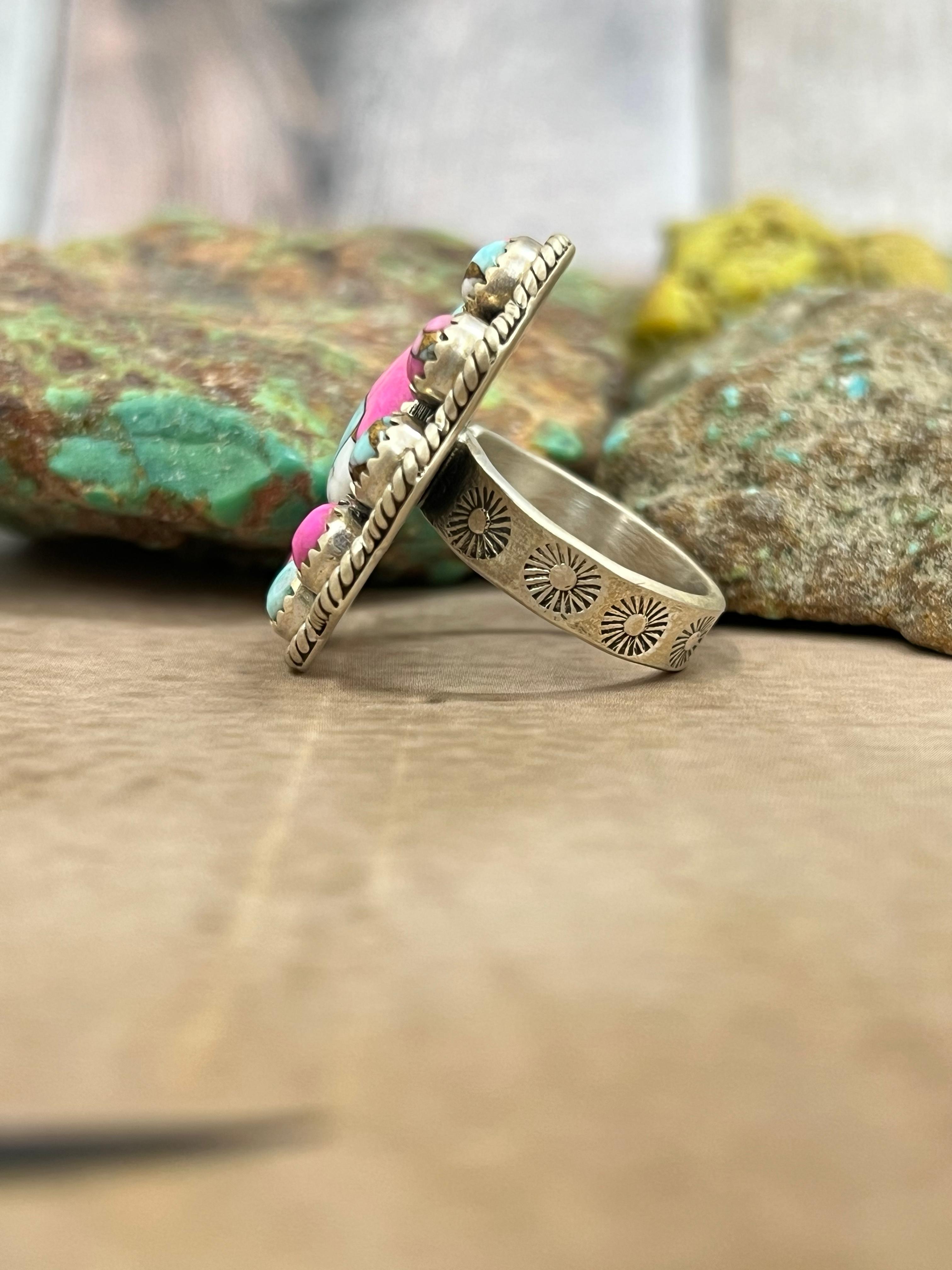 Handmade Sterling Silver Cotton Candy Turquoise Adjustable Ring with Signed Nizhoni