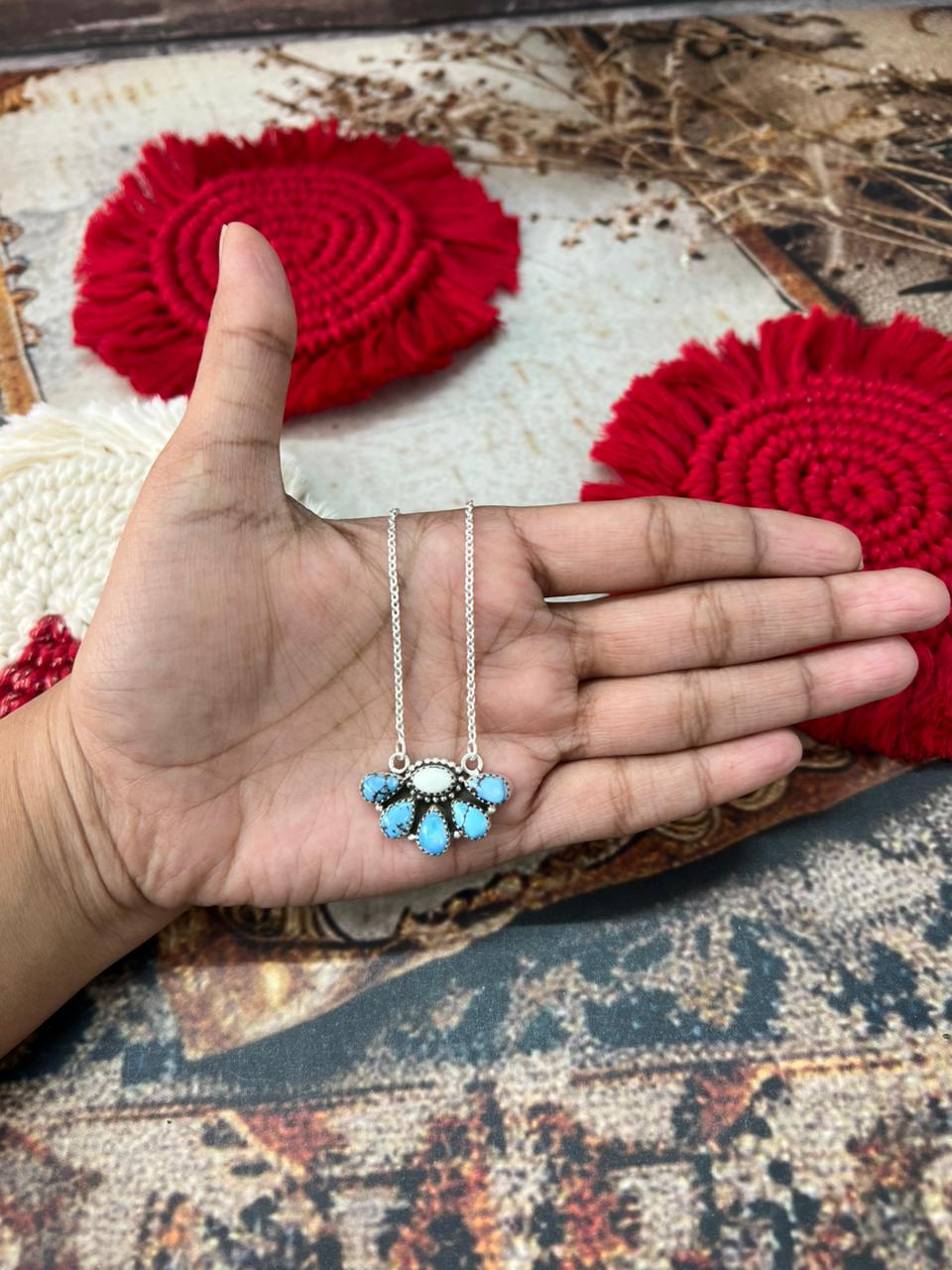 Handmade Sterling Silver Golden Hills with White Collection Crescent Necklace "Signed Nizhoni"