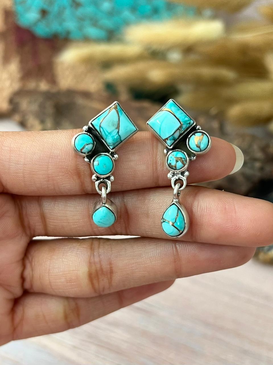 Handmade Sterling Silver Mint Dahlia Collection: Post Dangle Earrings "Signed Nizhoni"