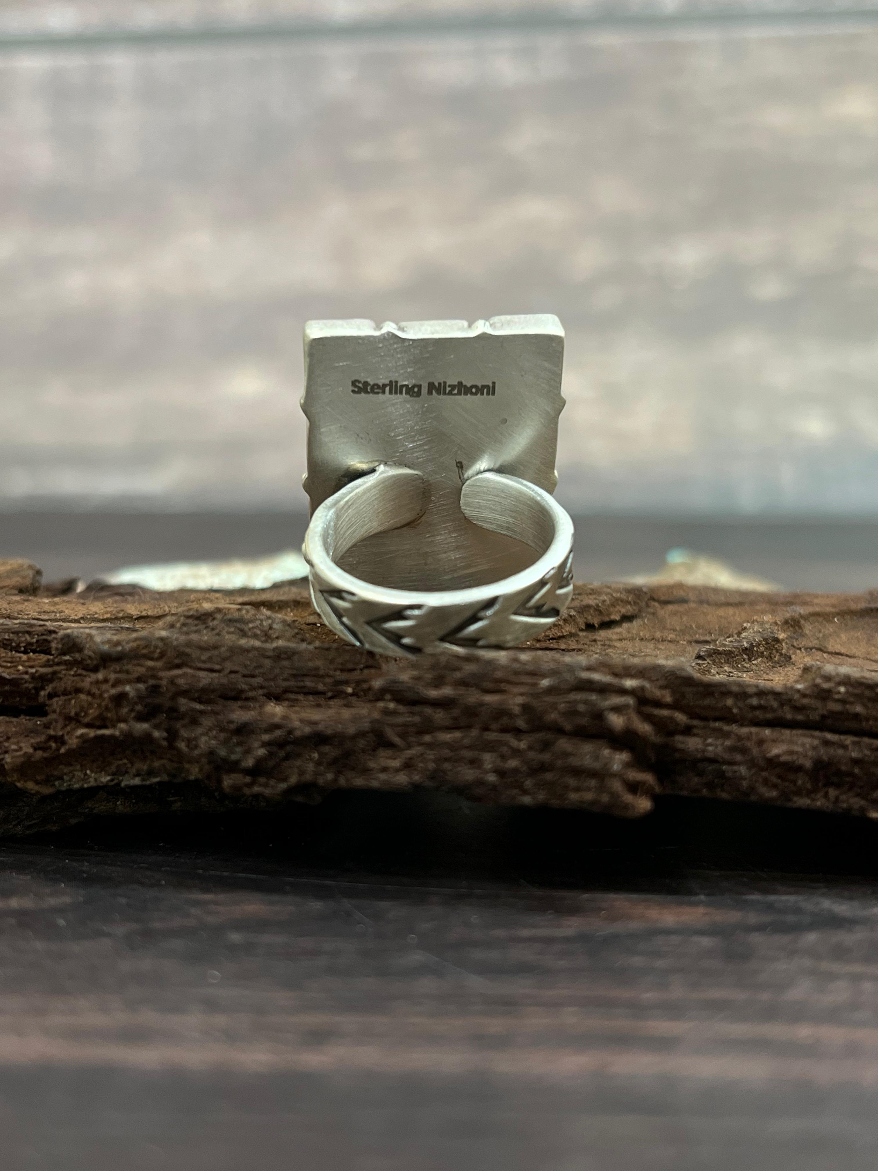 Handmade Sterling Silver Kingman with White Buffalo Turquoise Adjustable Ring with Signed Nizhoni