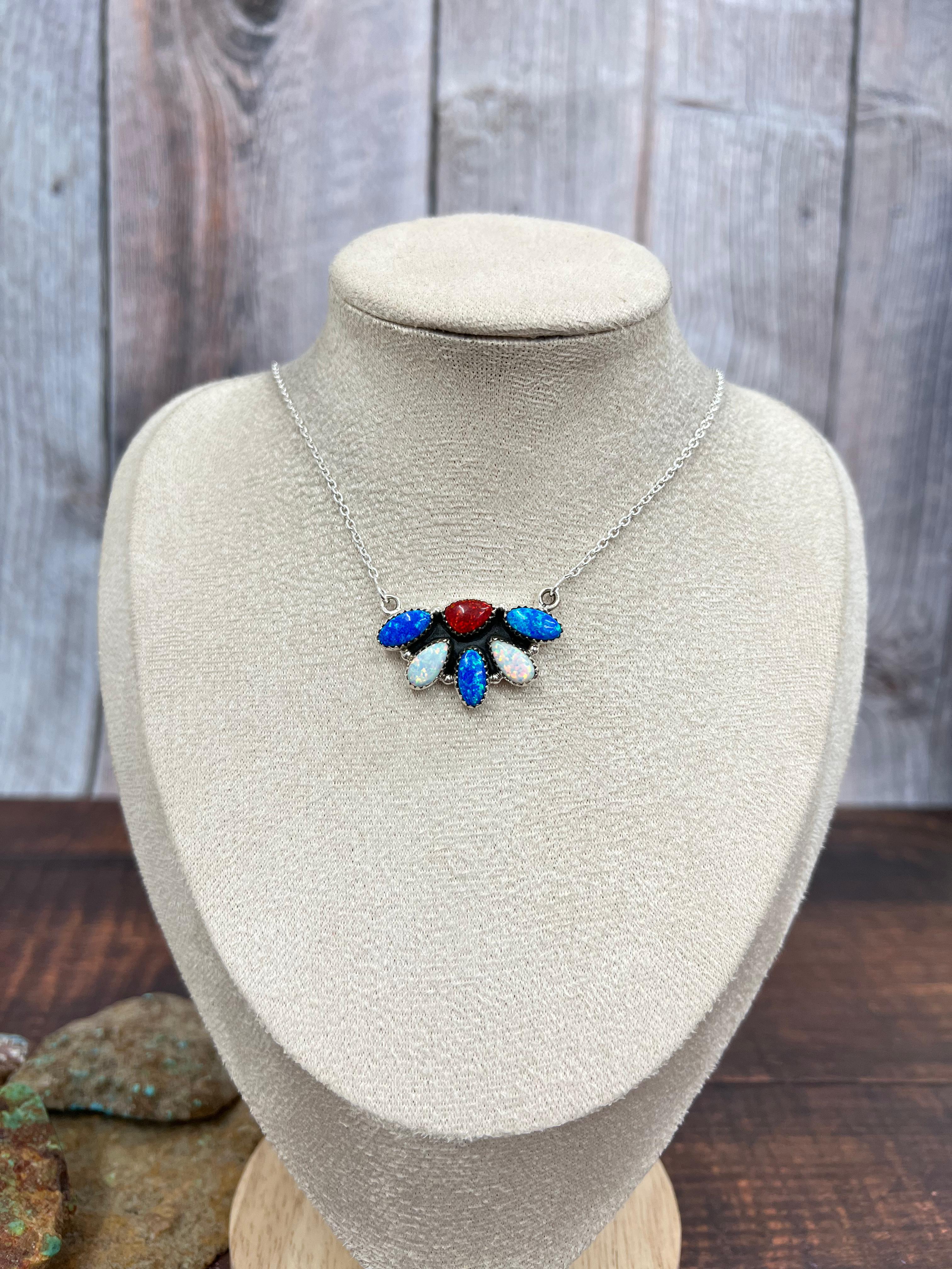 4TH OF JULY ** Handmade Sterling Silver Synthetic Opal Necklace wit