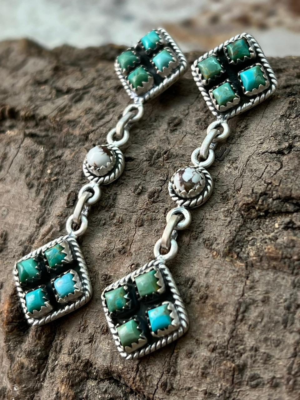 Handmade Sterling Silver Kingman Turquoise Post Dangle Earrings "Signed Nizhoni"