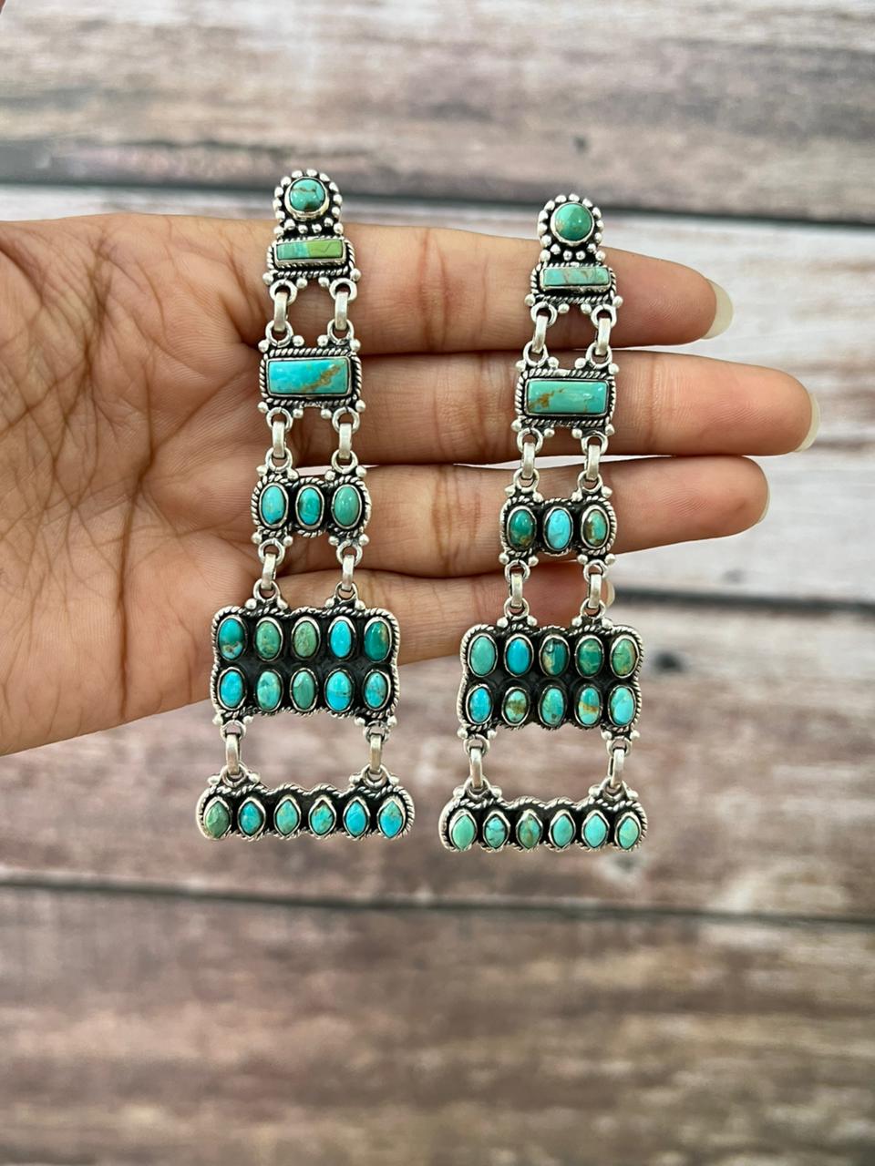 Handmade Sterling Silver Kingman Turquoise Post Dangle Earrings "Signed Nizhoni"
