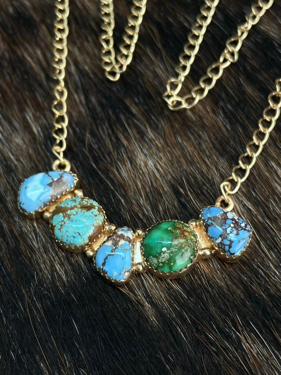 “The Golden Collection” Handmade Natural Golden Hills, Sonoran and Number 8 Turquoise Gold Plated Necklace