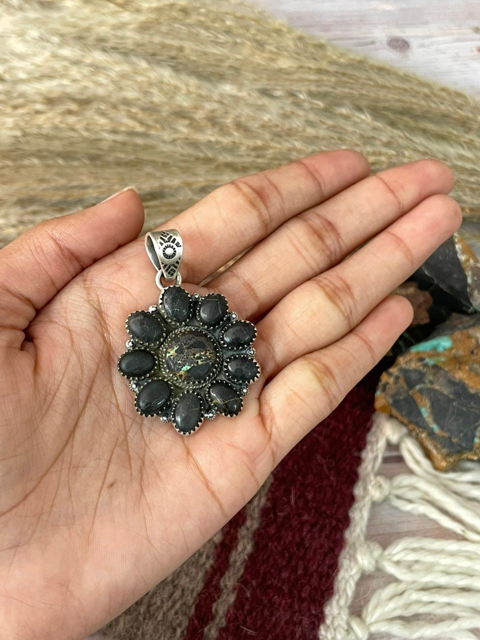 Handmade Sterling Silver Blackjack Turquoise Pendant "Signed Nizhoni"