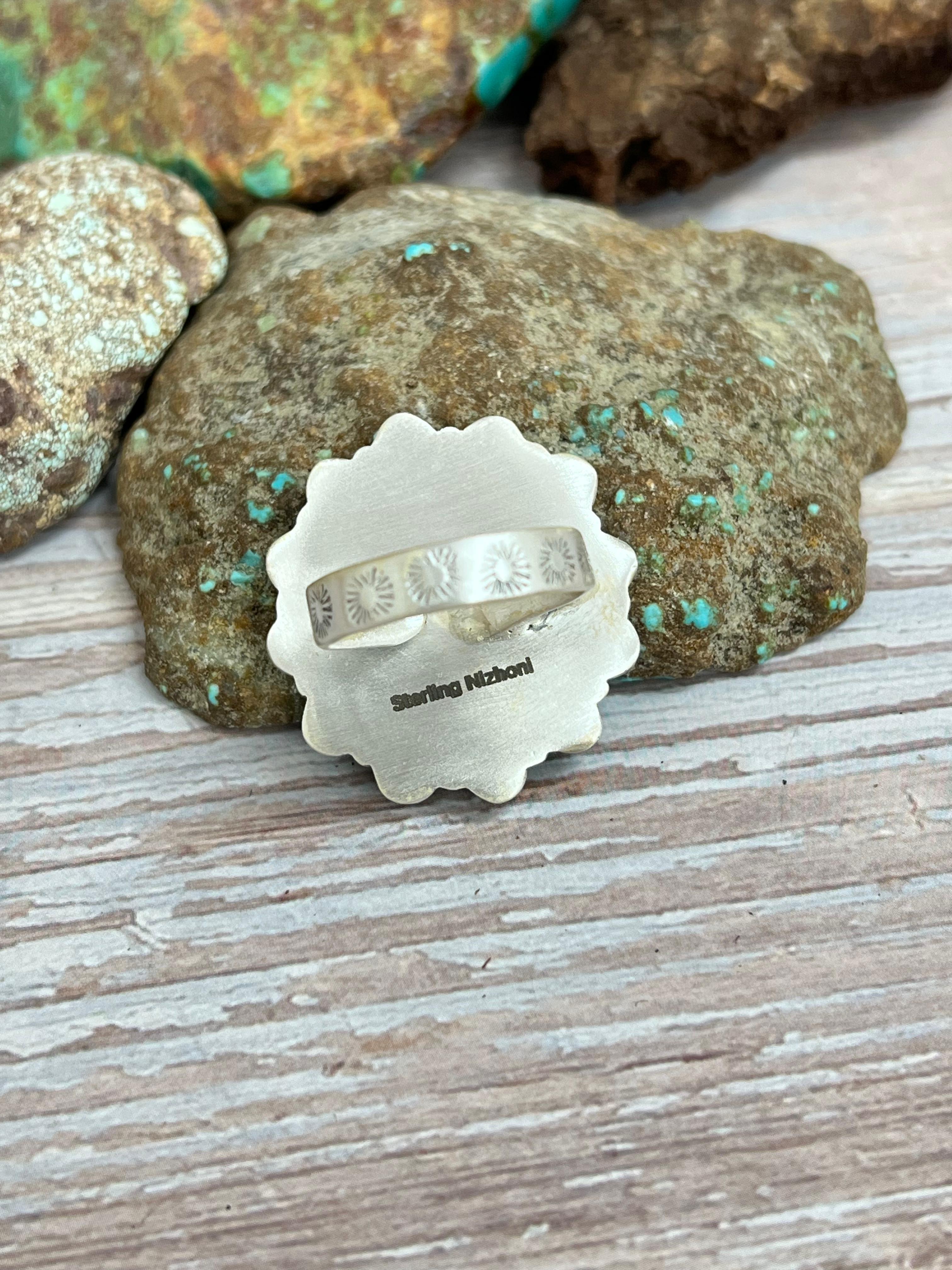 Handmade Sterling Silver Kingman Turquoise, Bumblebee Adjustable Ring with Signed Nizhoni