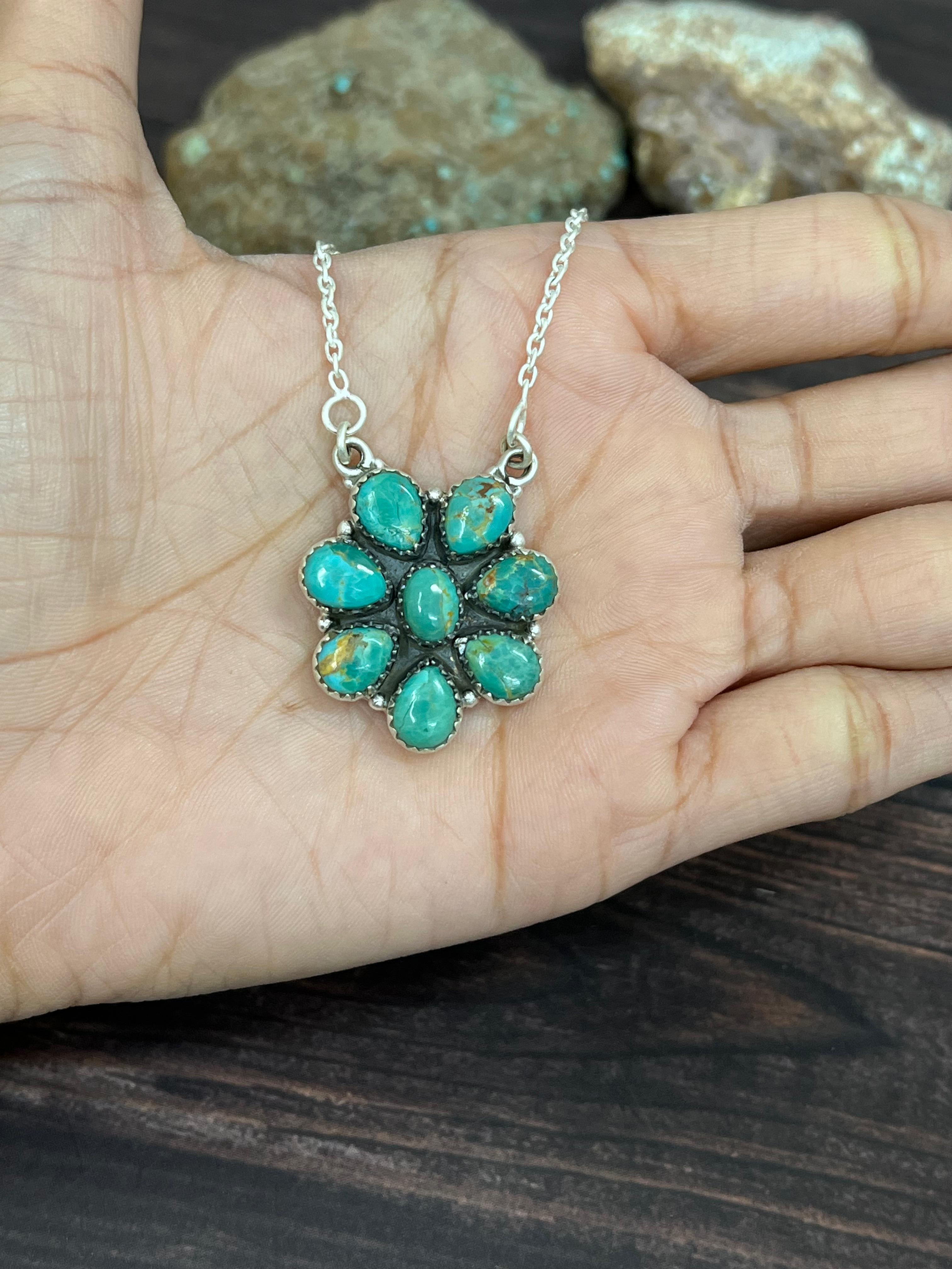 Handmade Sterling Silver Kingman Turquoise Necklace with Signed Nizhoni