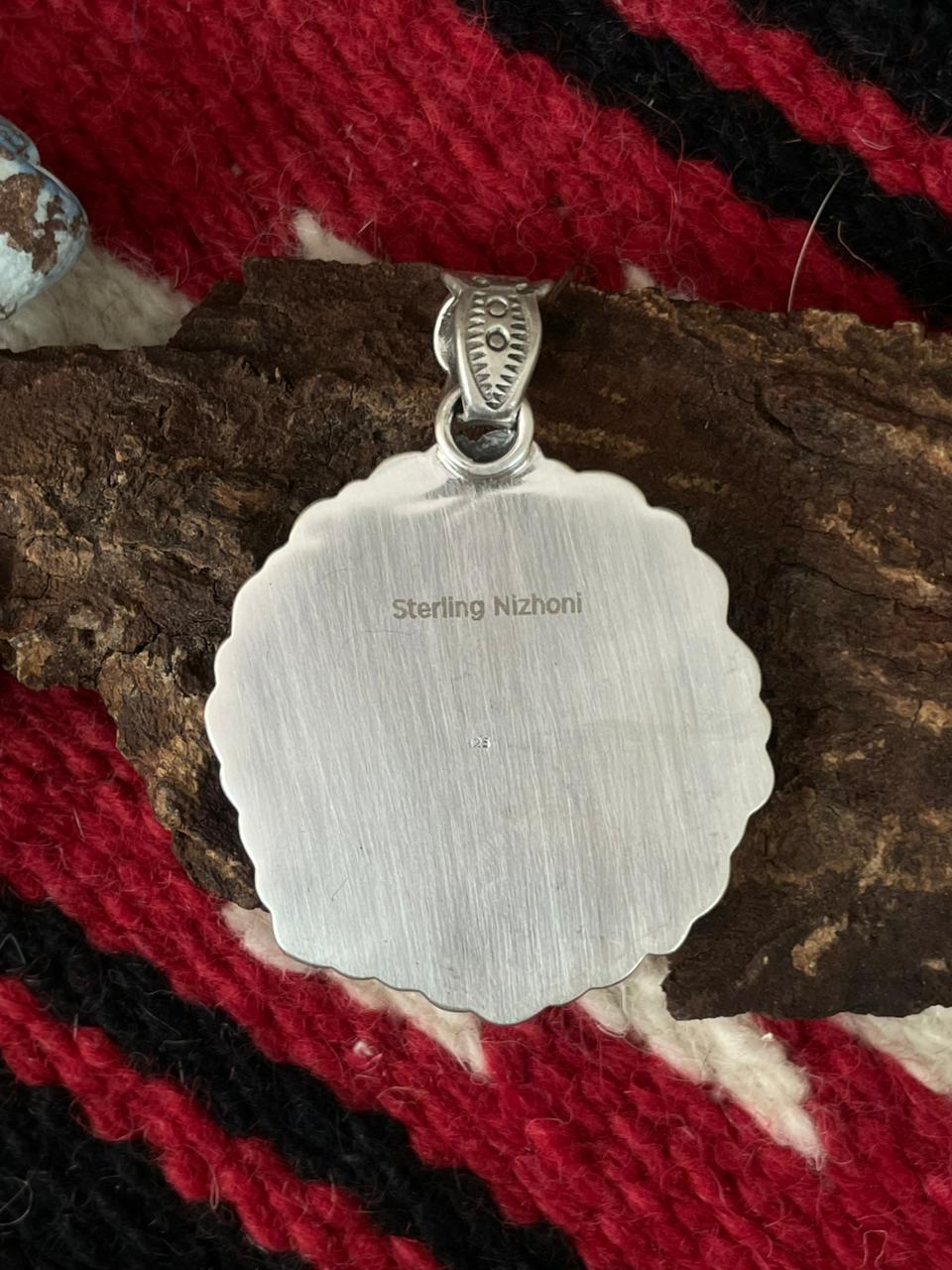 Handmade Sterling Silver Dahlia Rose with Emerald Valley Turquoise Pendant "Signed Nizhoni"