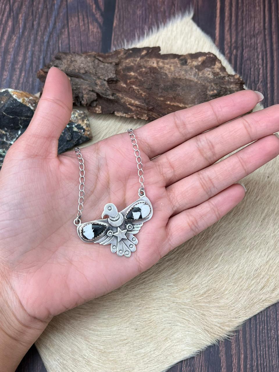 Handmade Sterling Silver White Buffalo Thunder Bird Necklace "Signed Nizhoni"