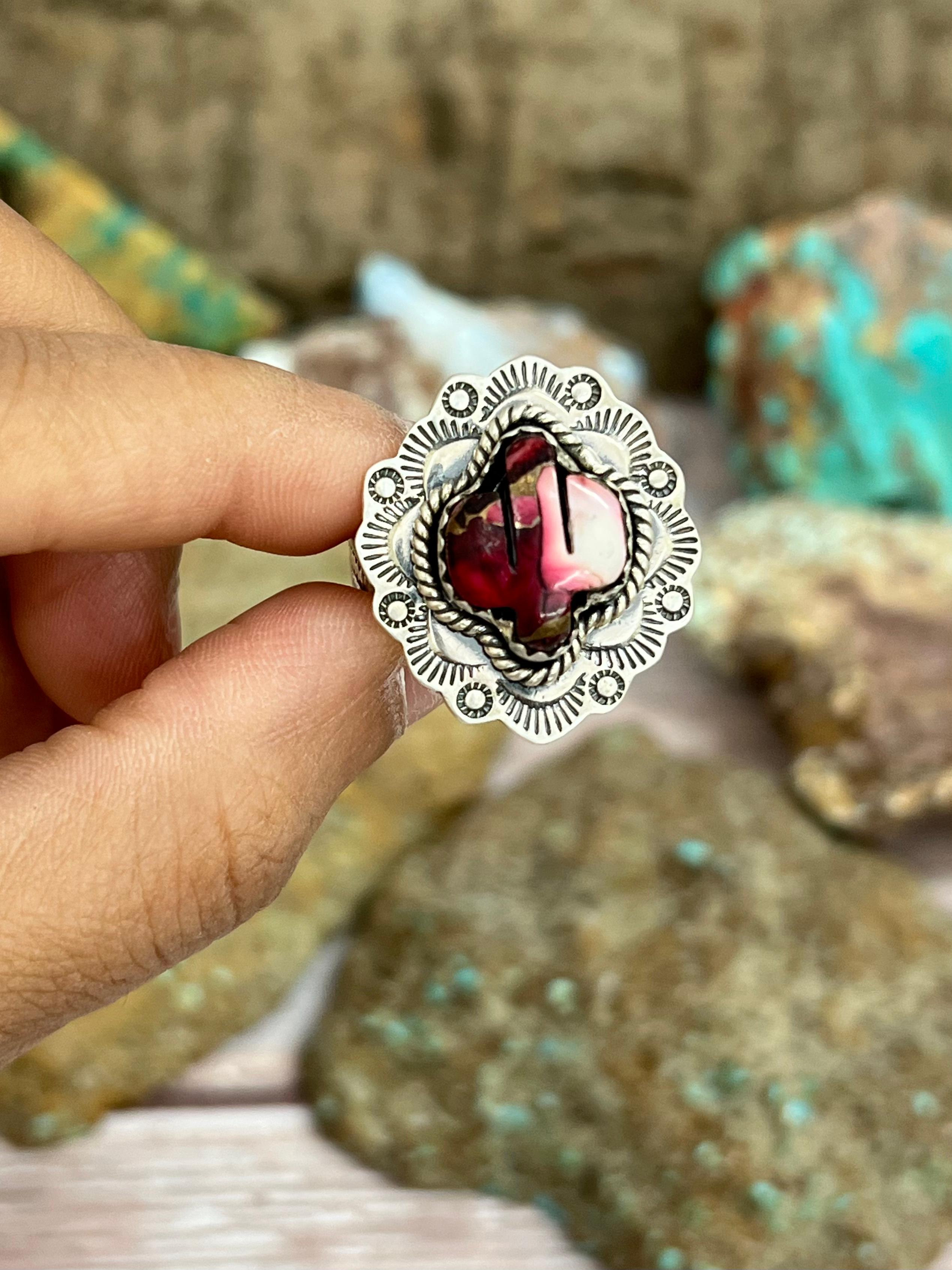 Handmade Sterling Silver Dahlia Rose Adjustable Saguaro Cactus Ring with Signed Nizhoni