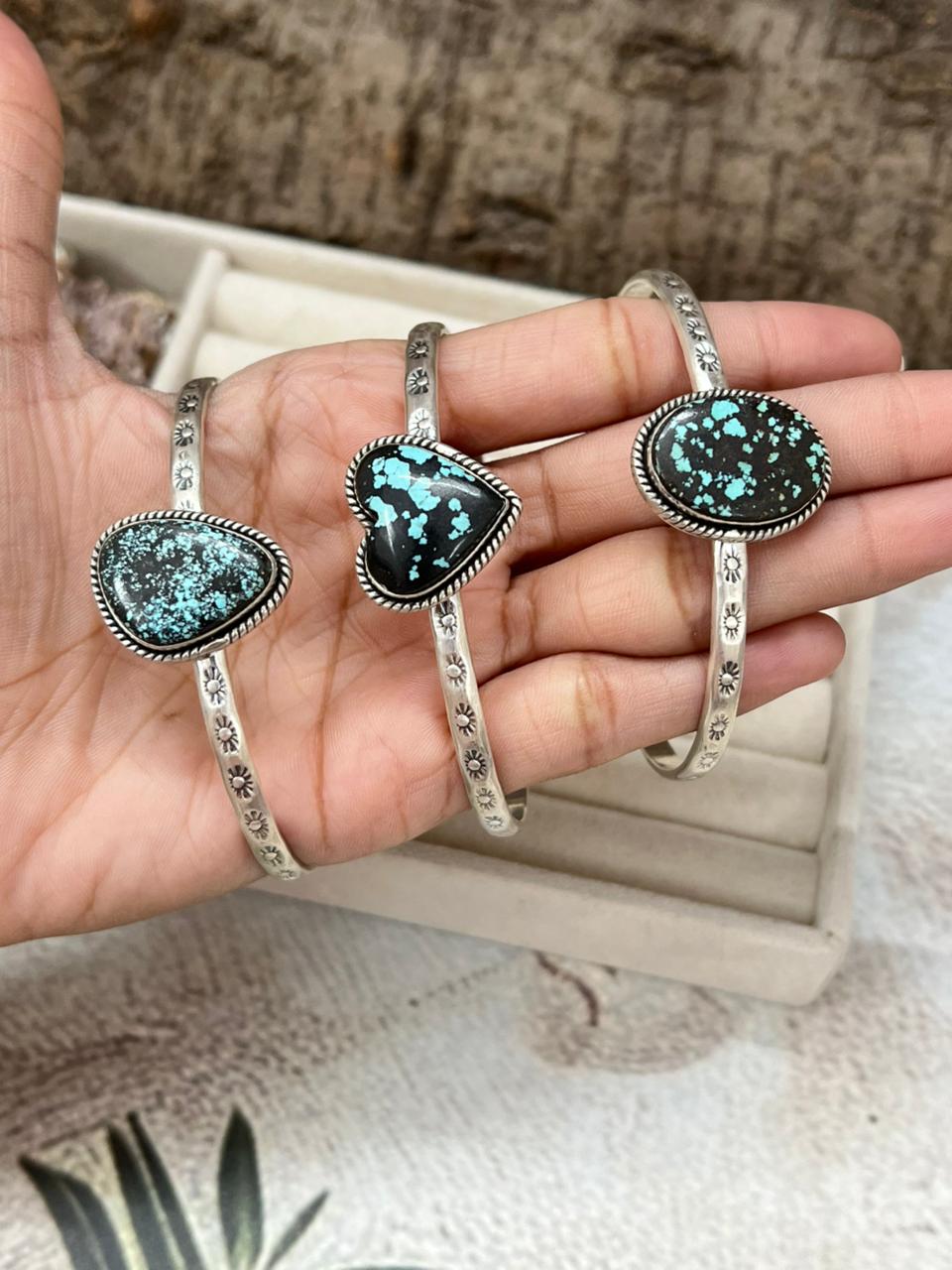 Handmade Sterling Silver Lander Turquoise Cuff Bracelet with Signed Nizhoni