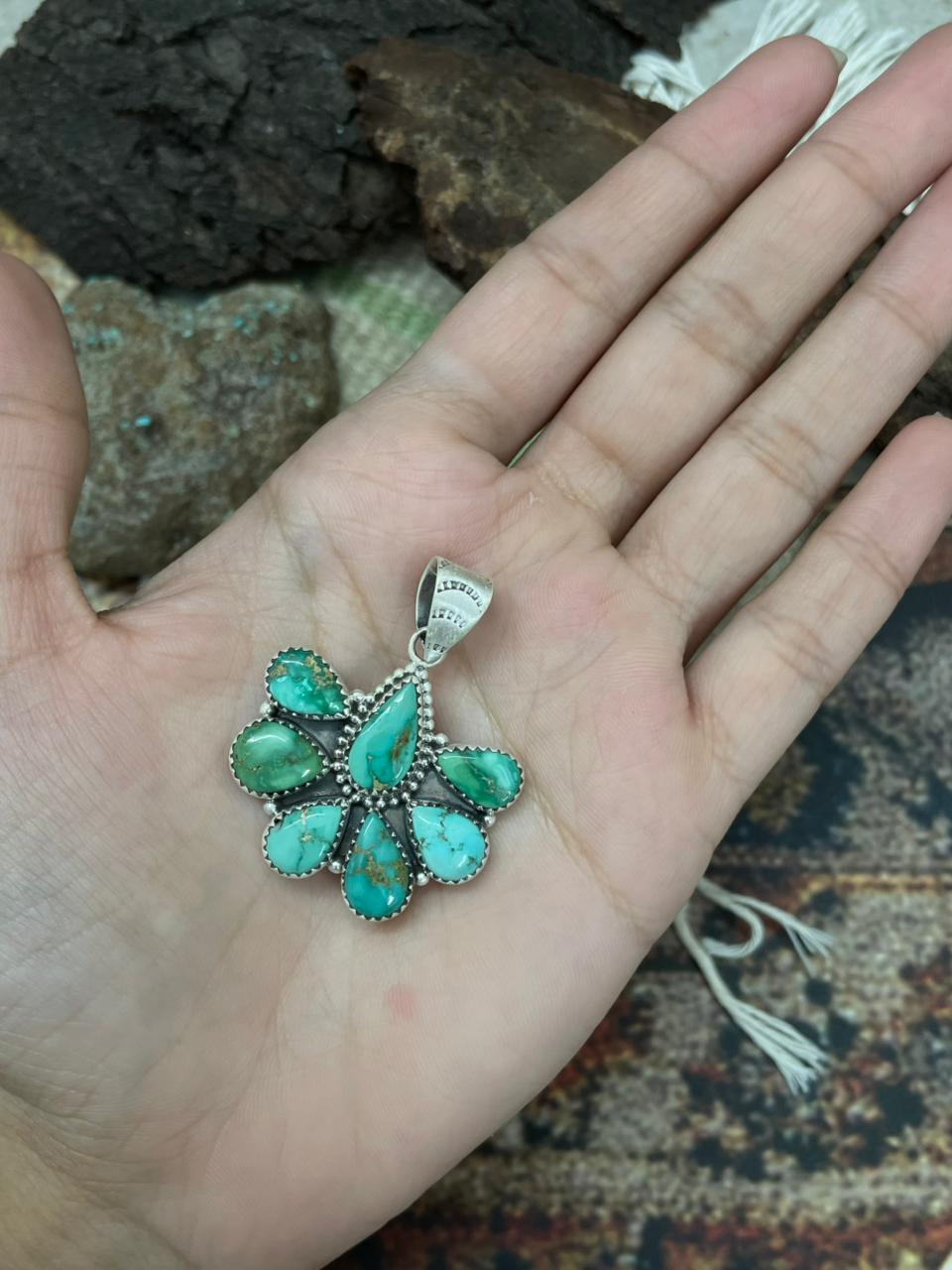 Handmade Sterling Silver Emerald Valley Turquoise Pendant "Signed Nizhoni"