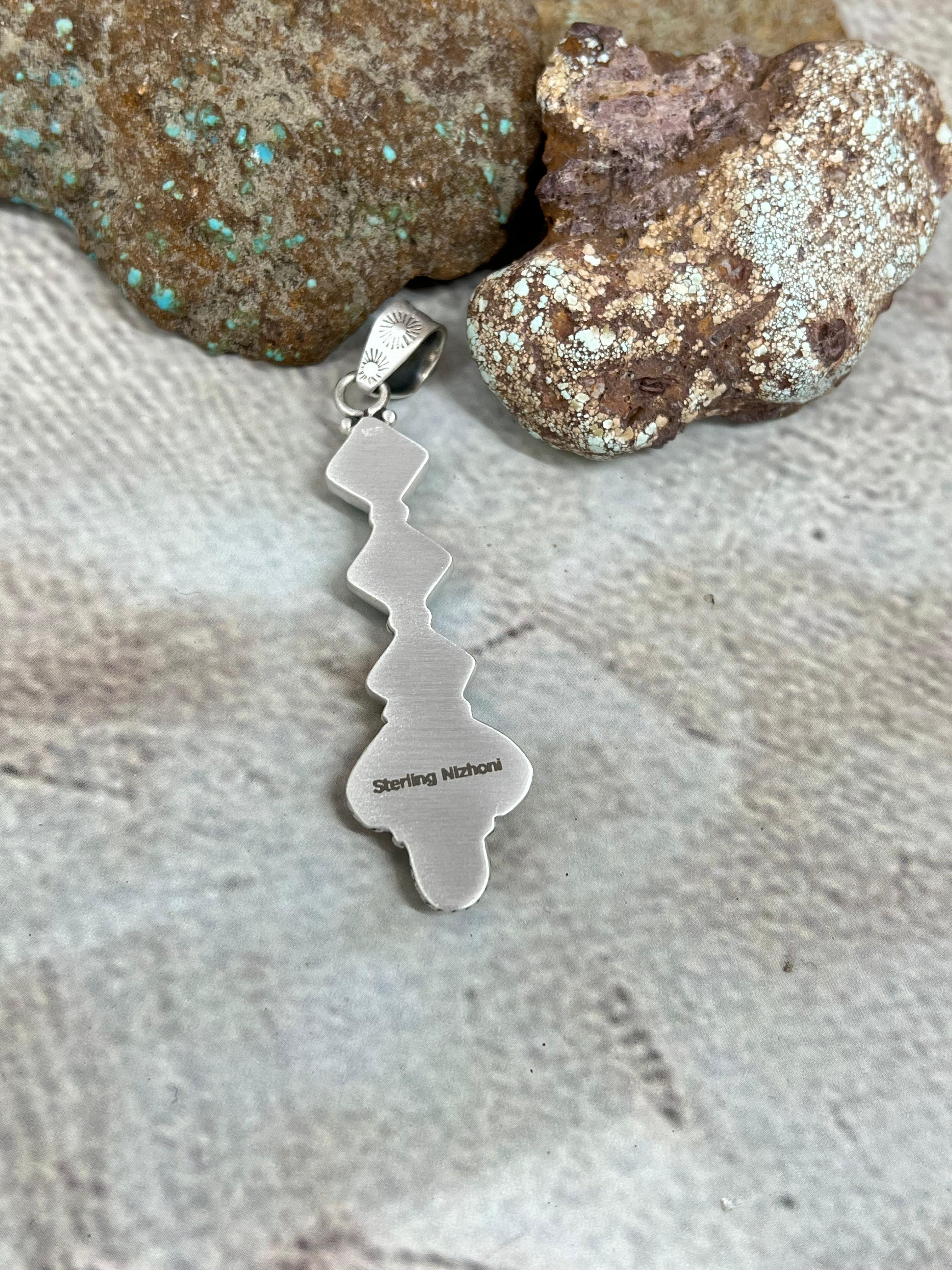 Handmade Sterling Silver Kingman Turquoise with Wild Horse Magnesite Pendant Signed Nizhoni