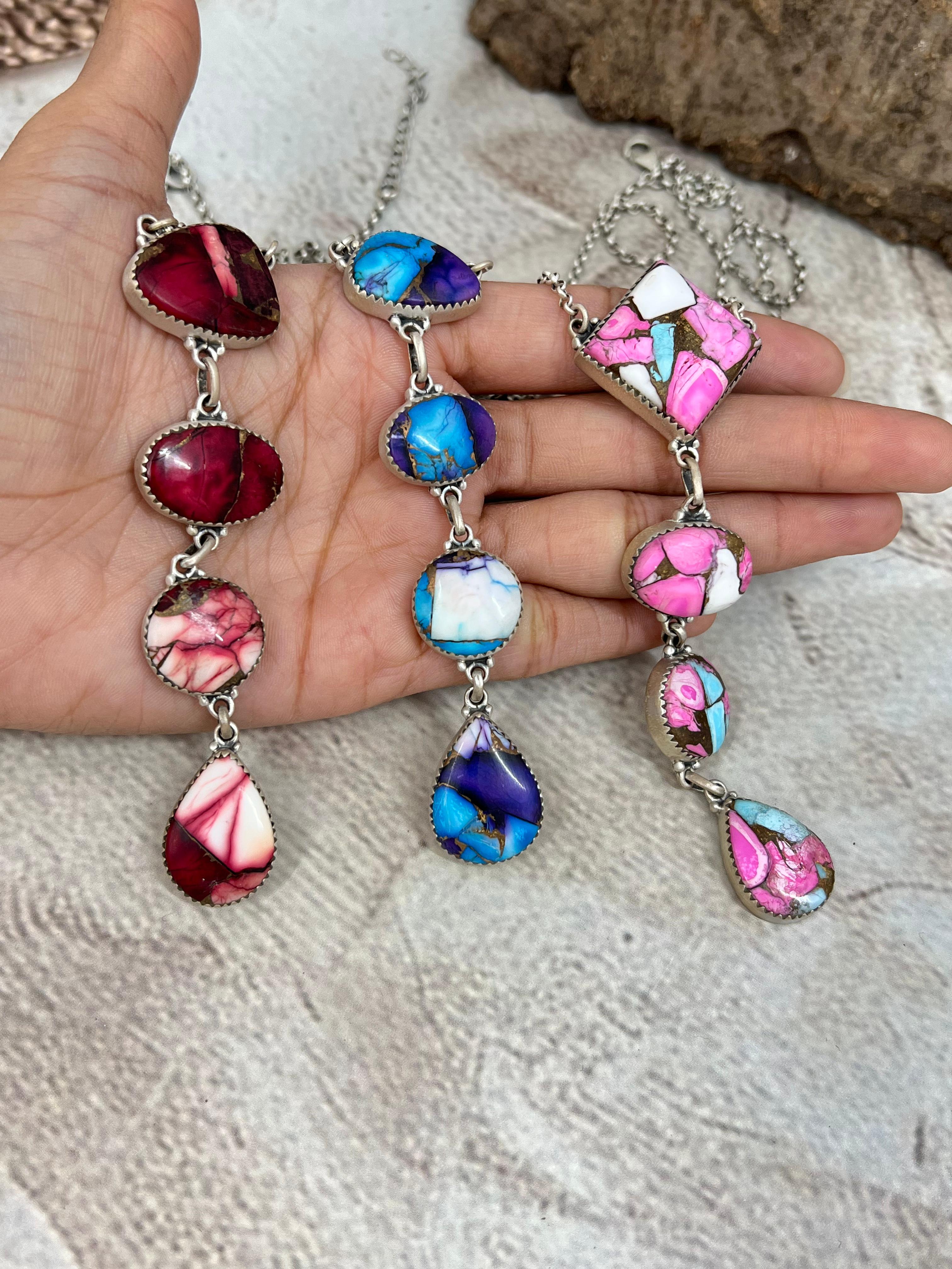 Handmade Sterling Silver Multi Stone Necklace with Signed Nizhoni