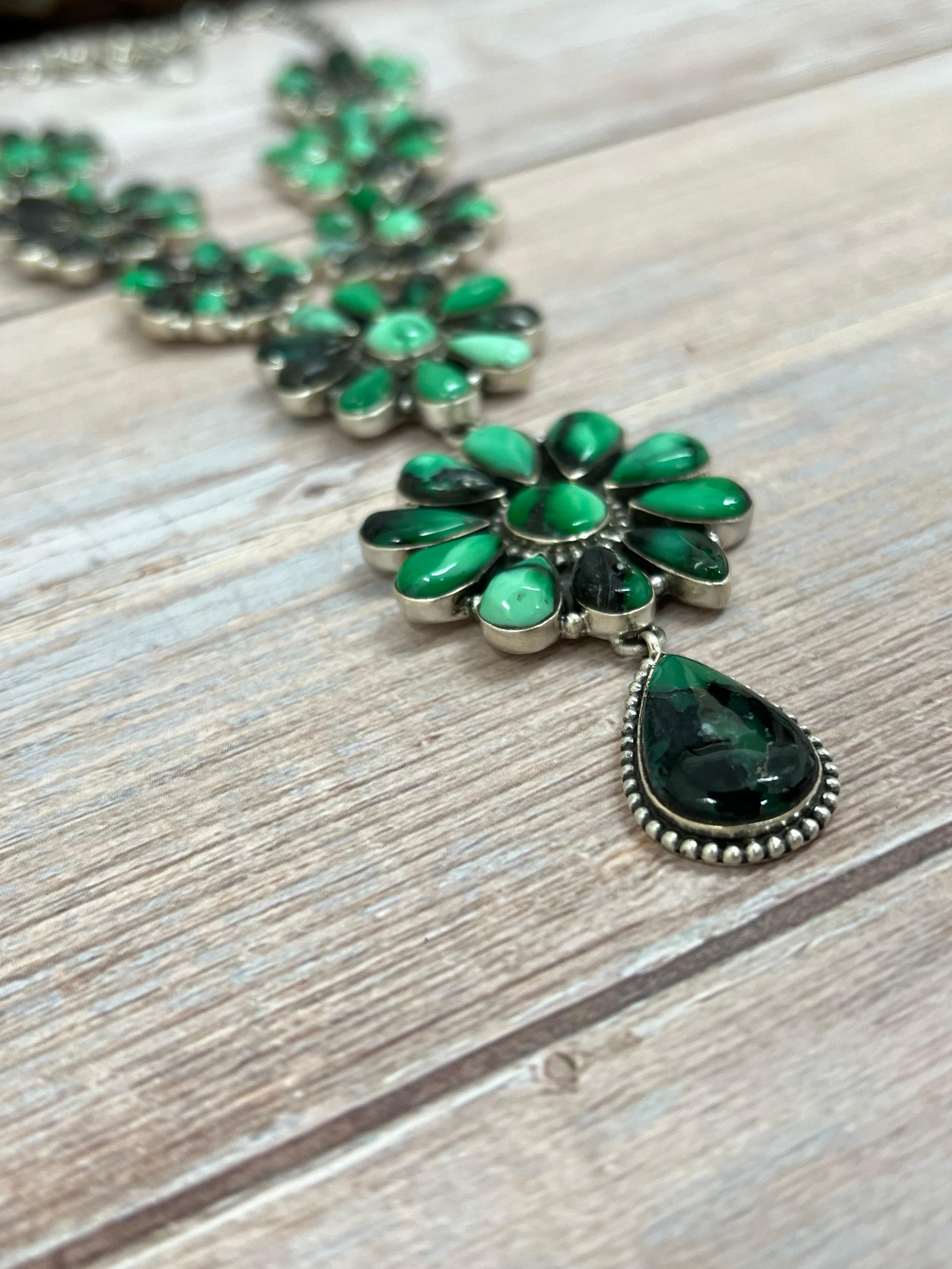 Handmade Sterling Silver Emerald Rose Necklace with Signed Nizhoni