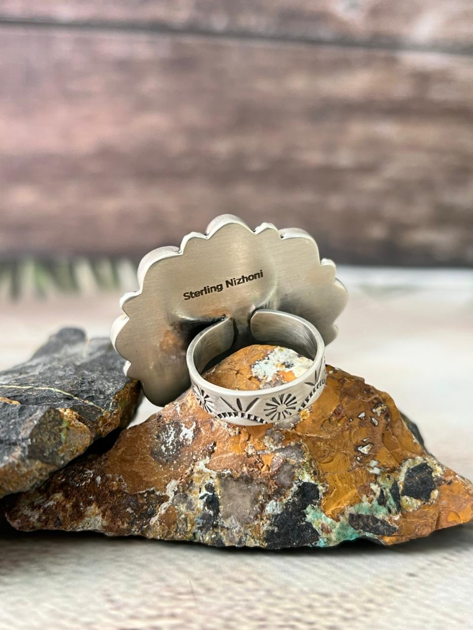 Handmade Sterling Silver Blackjack Turquoise Adjustable Ring " Signed Nizhoni"