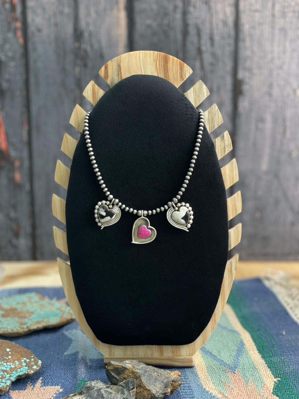 Handmade Sterling Silver White Buffalo with Hot Pink Beaded Heart Necklace "Signed Nizhoni"