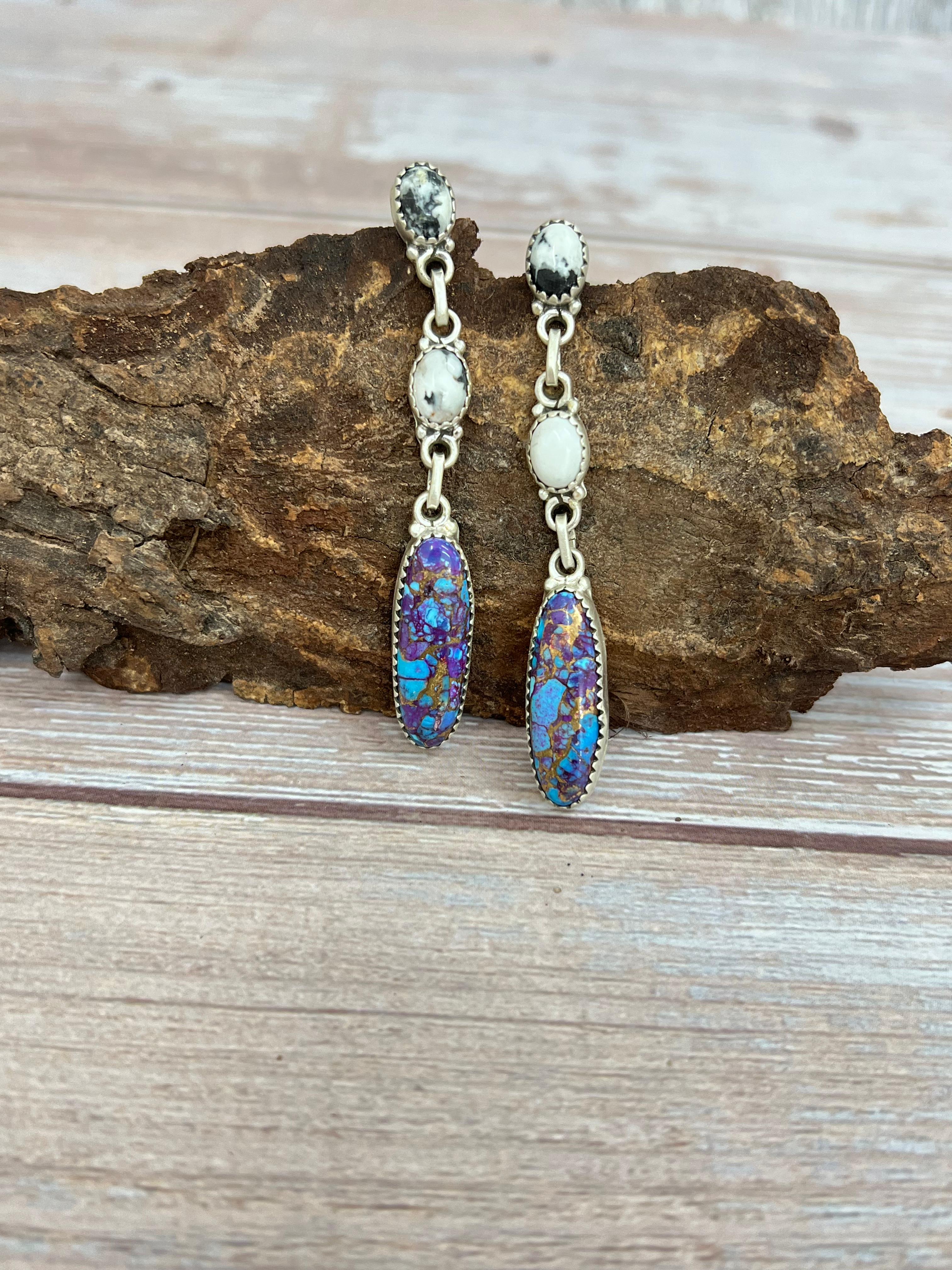 Handmade Sterling Silver Purple Kingman Mojave with White Buffalo Turquoise Dangle Earrings, Signed Nizhoni