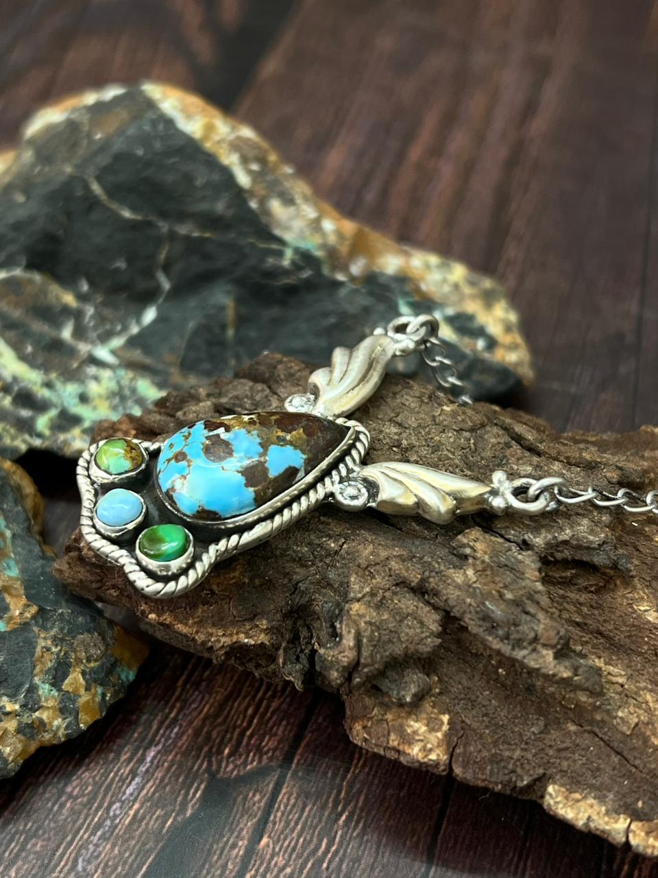 Handmade Sterling Silver Golden Hills with Sonoran Turquoise Necklace "Signed Nizhoni" (8)
