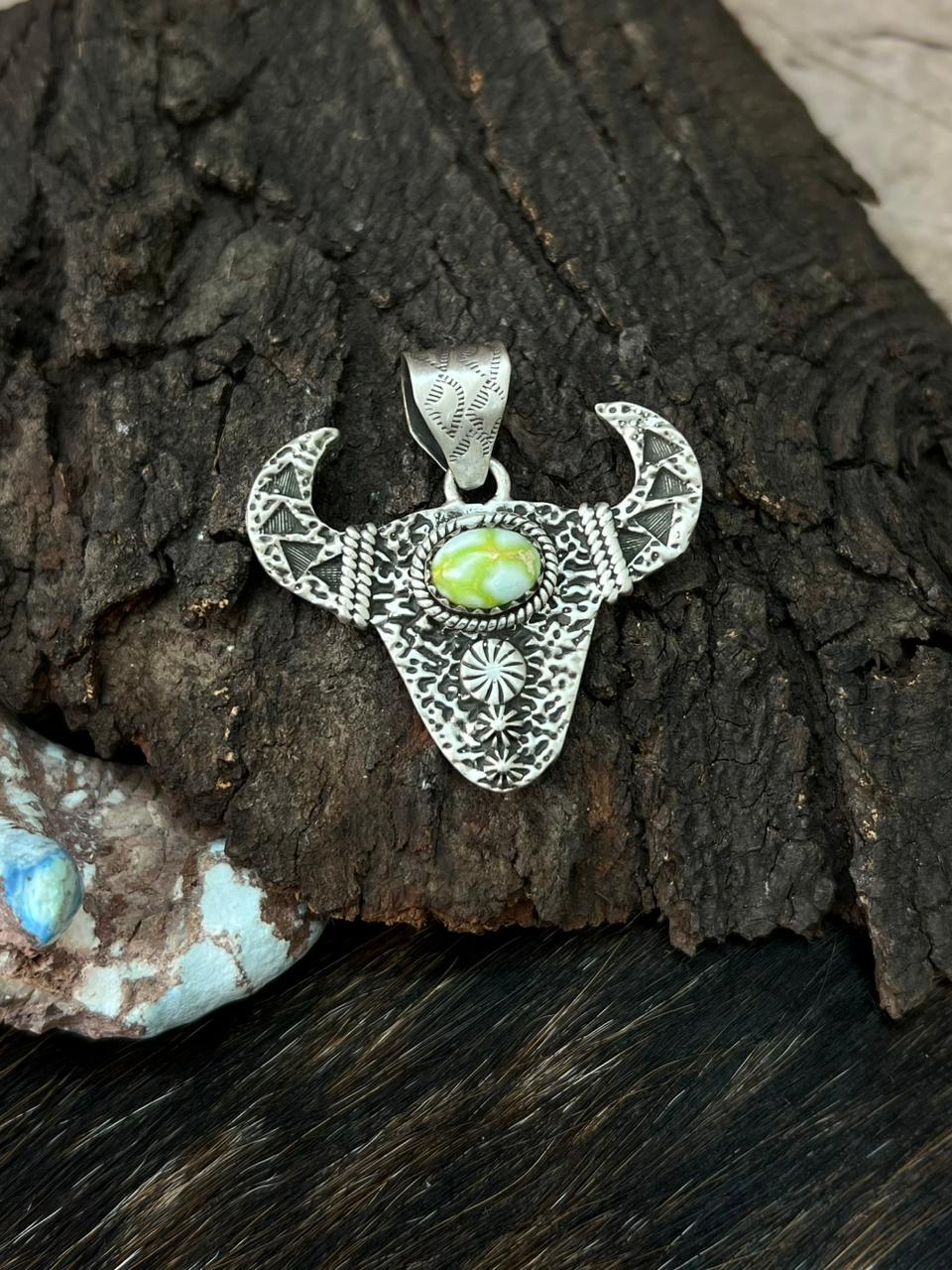 Handmade Sterling Silver Palomino Turquoise Bull Pendant "Signed Nizhoni" (6)