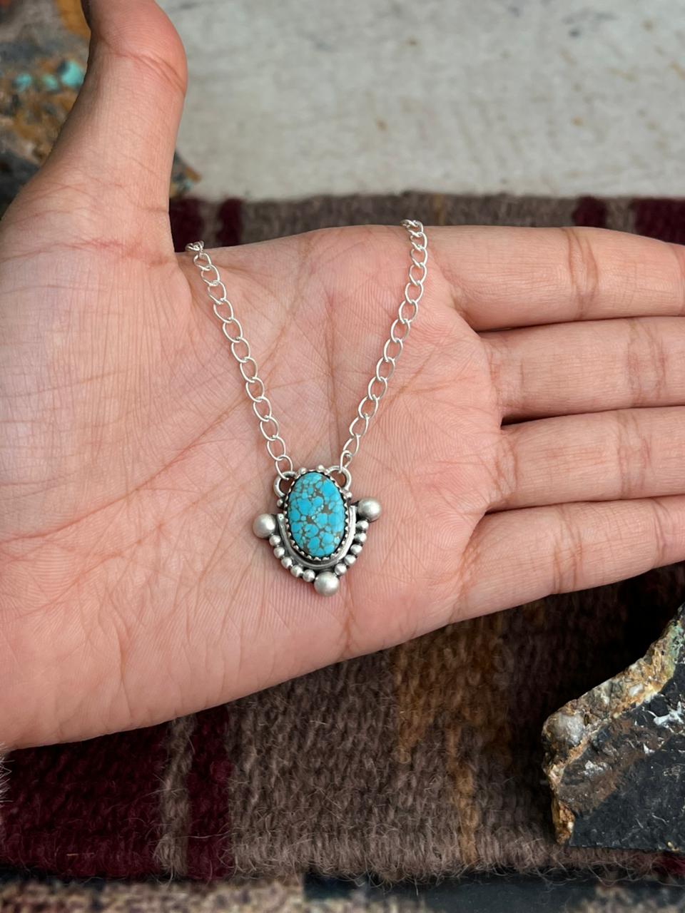 Handmade Sterling Silver Number 8 Turquoise Necklace "Signed Nizhoni"