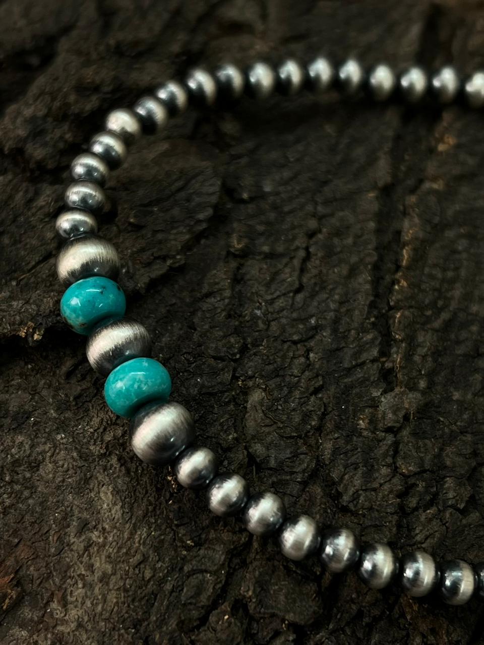 Handmade Sterling Silver Beaded Kingman Turquoise Chain Bracelet