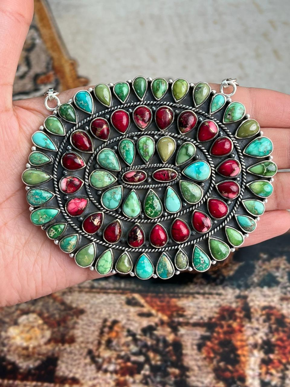 Handmade Sterling Silver Dahlia Rose with Emerald Valley Turquoise Necklace "Signed Nizhoni"