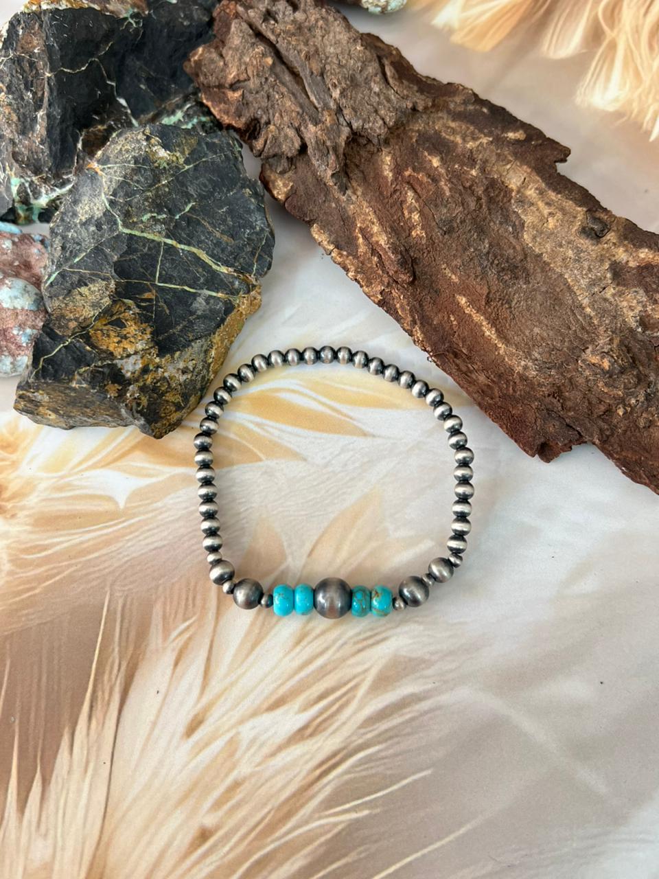 Handmade Sterling Silver Kingman Turquoise Stretch Beaded Bracelet