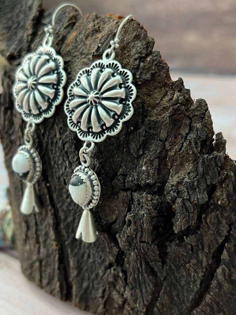 Handmade Sterling Silver White Buffalo Hook Dangle Earrings "Signed Nizhoni"