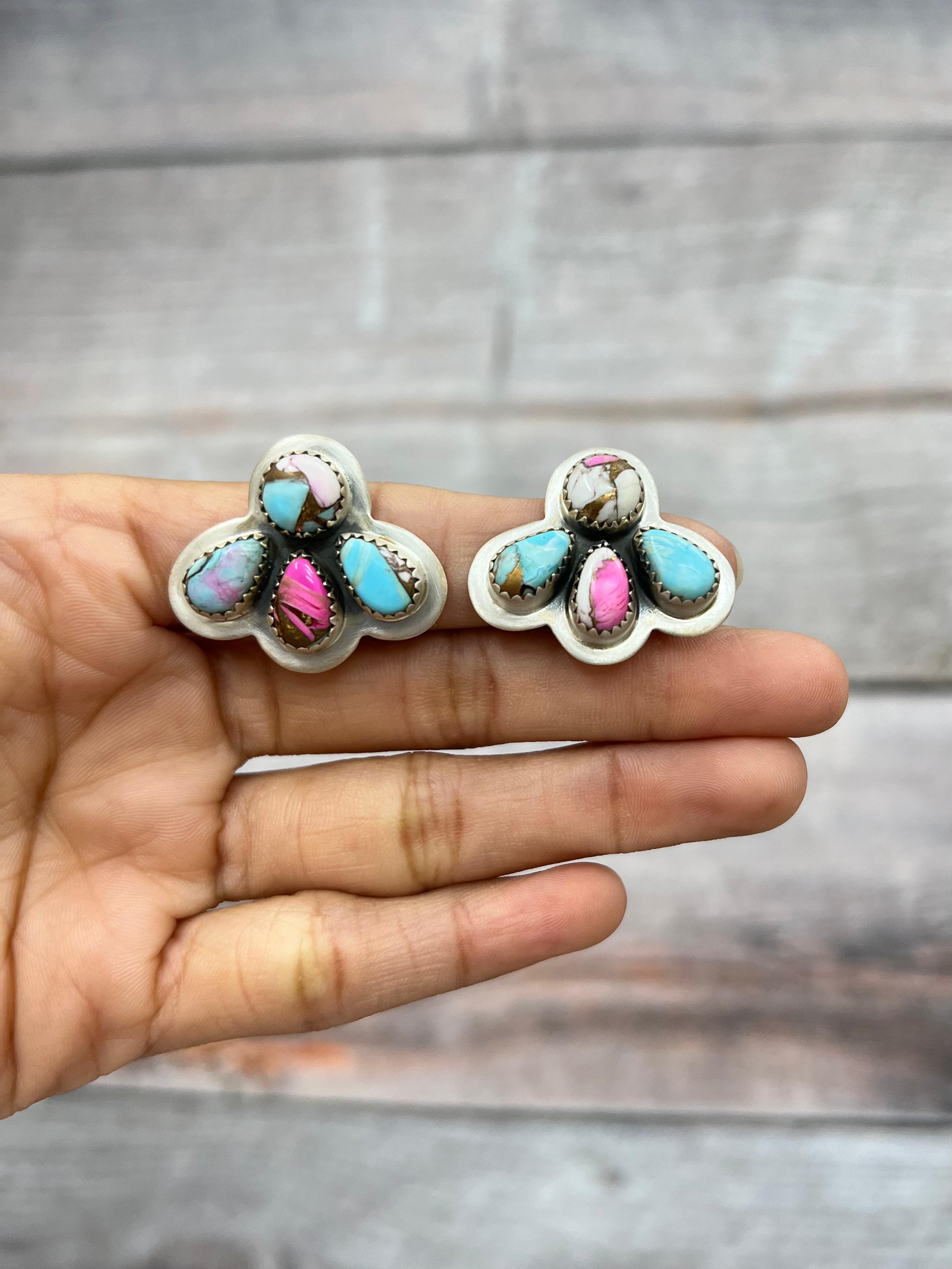 Handmade Sterling Silver Cotton Candy Turquoise Post Earrings with Signed Nizhoni