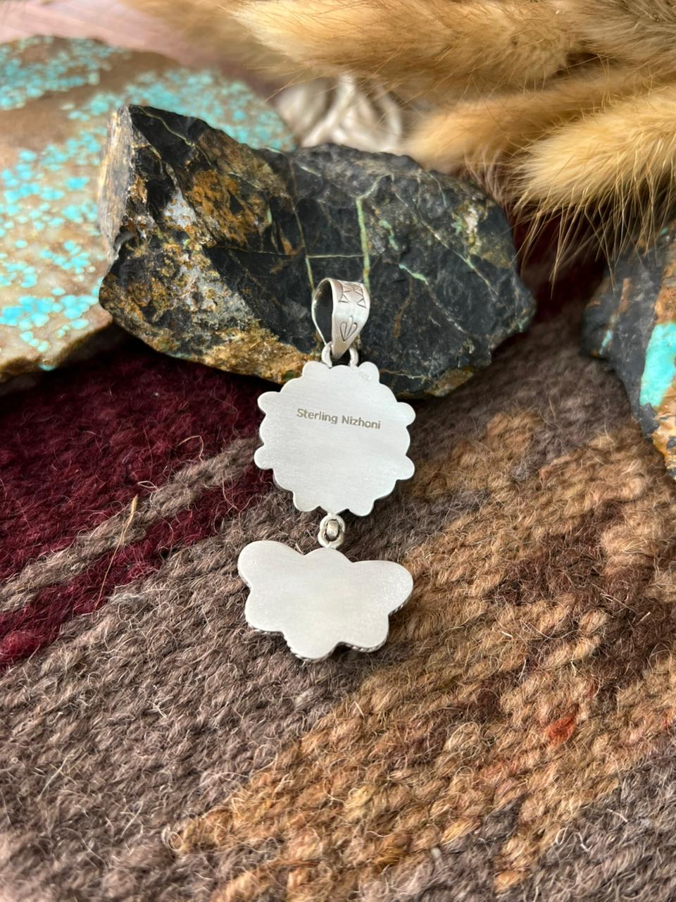 Handmade Sterling Silver Kingman Turquoise with Wildhorse Magnesite Pendant "Signed Nizhoni"