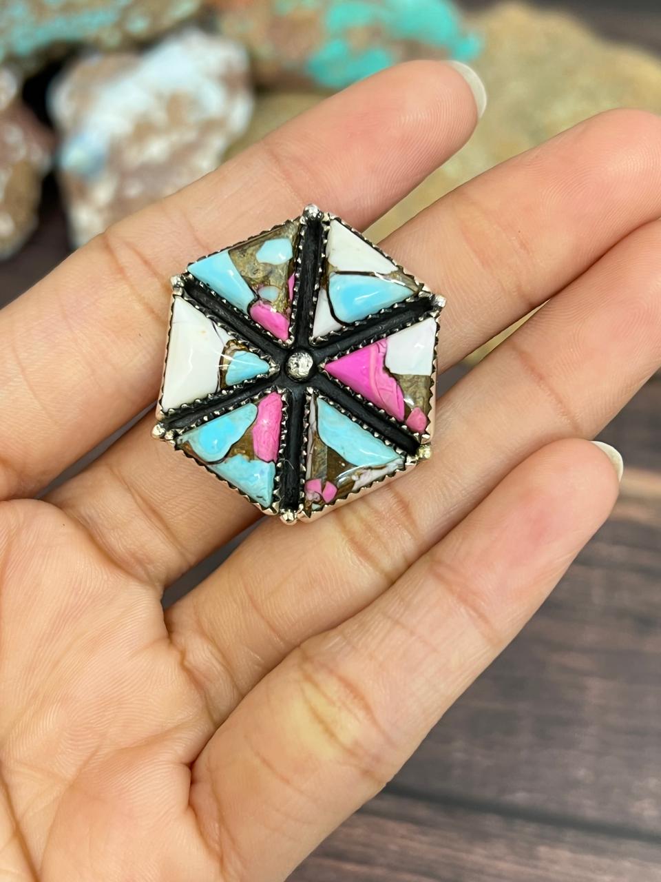 Handmade Sterling Silver Cotton Candy Turquoise Adjustable Ring with Signed Nizhoni