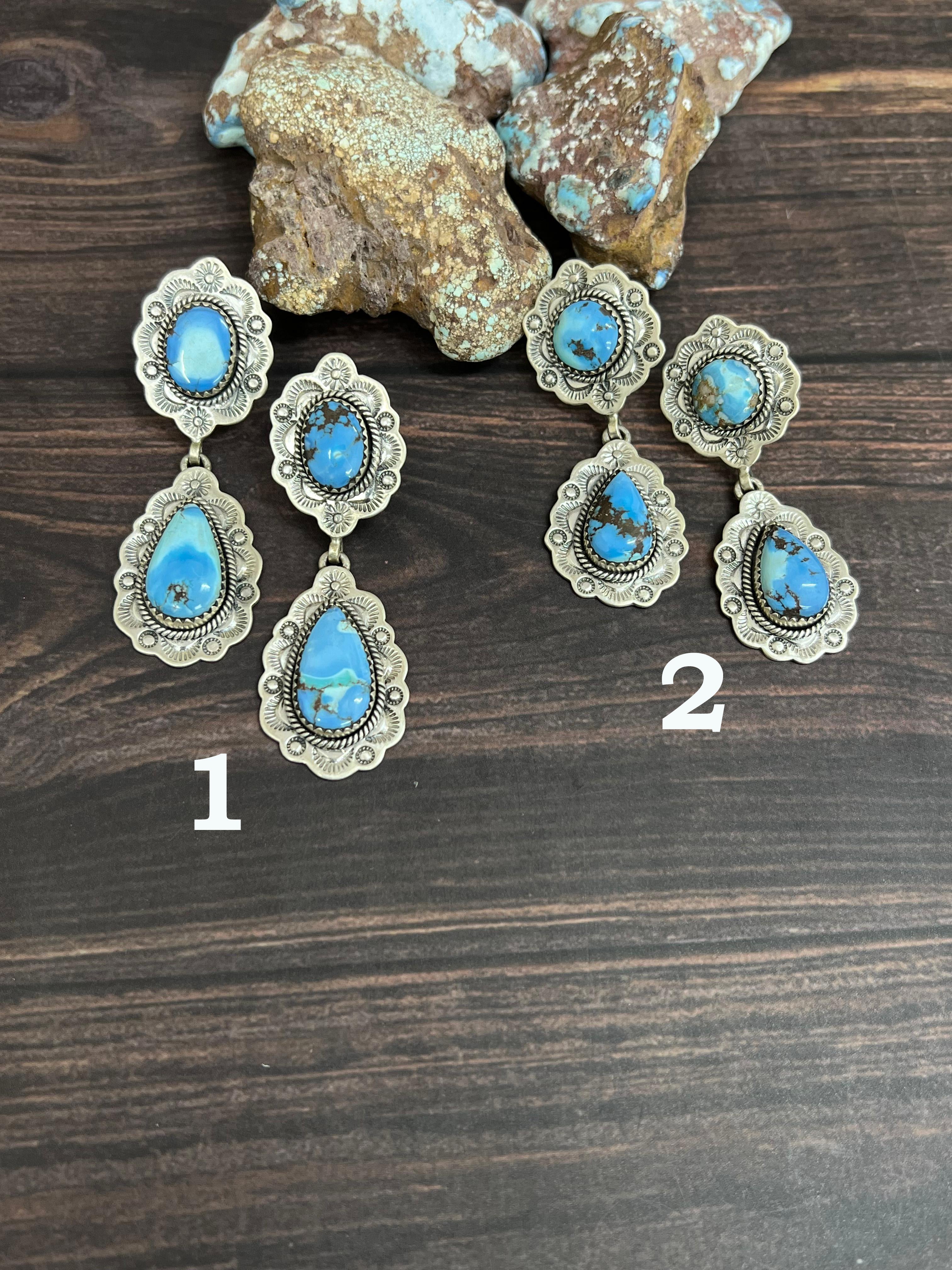 Handmade Sterling Silver Golden Hills Turquoise Post Dangle Earrings with Signed Nizhoni