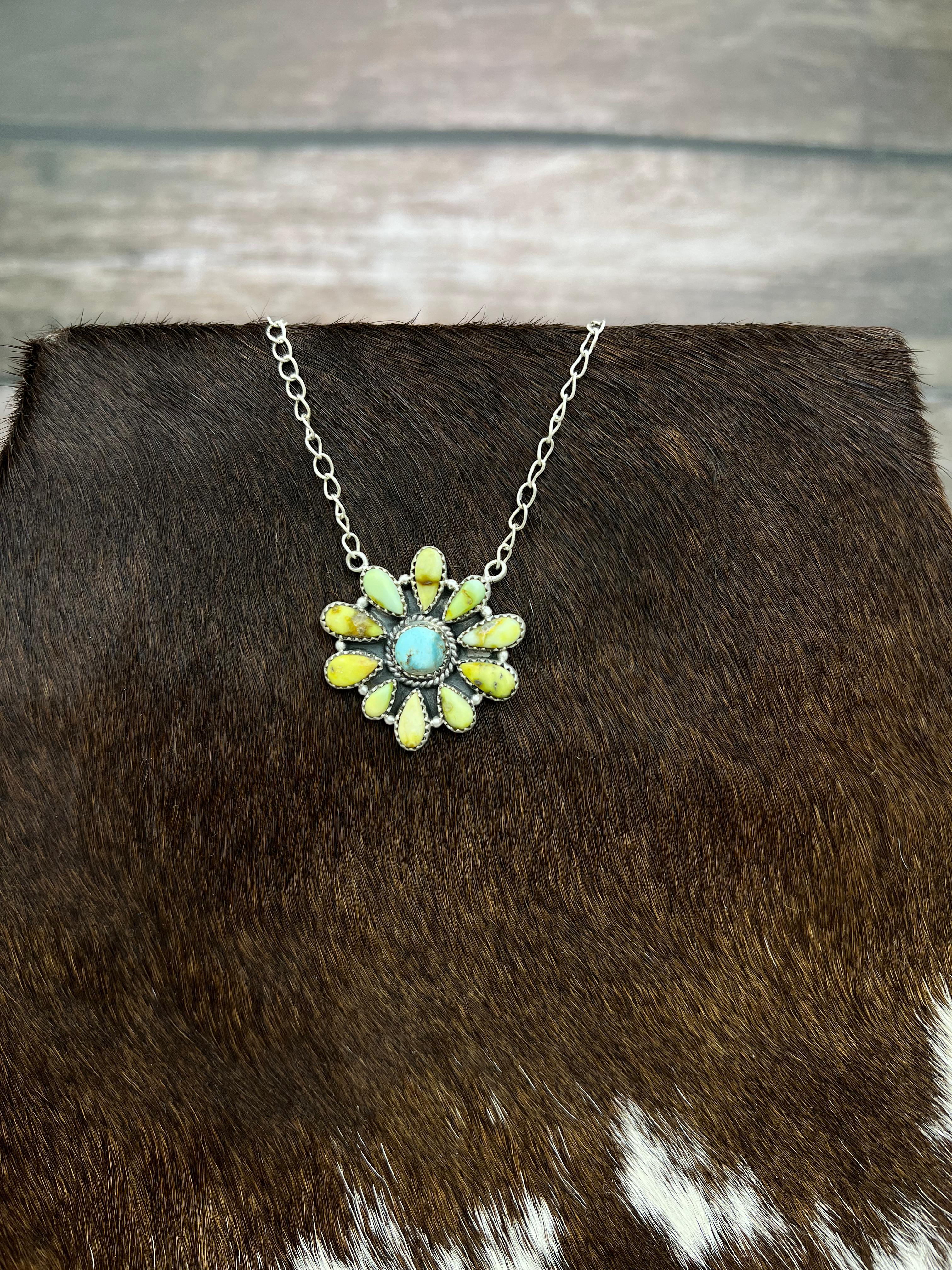 Handmade Sterling Silver Palomino, Golden Hills Turquoise Necklace with Signed Nizhoni