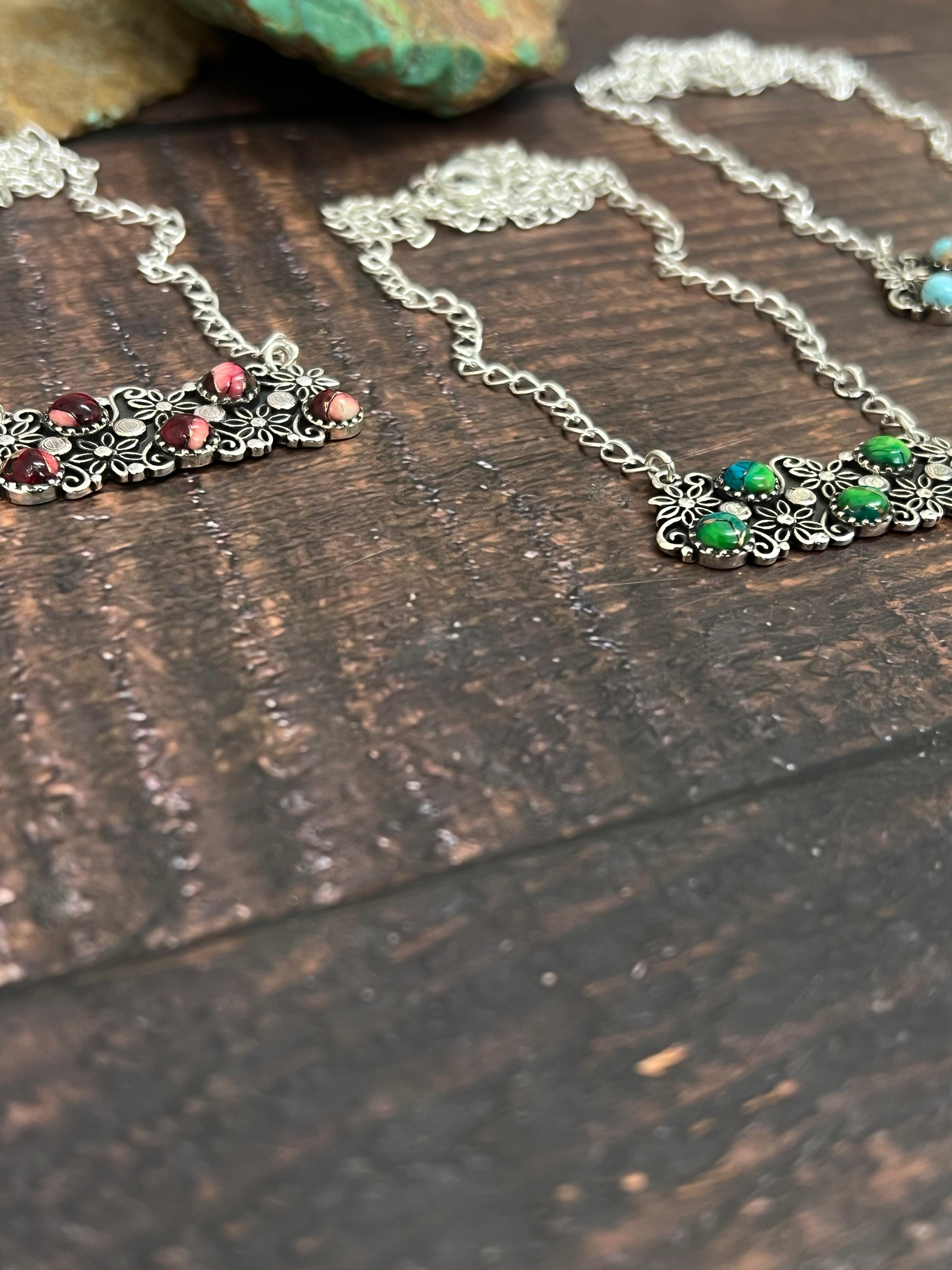 Handmade Sterling Silver Peacock Dahlia, Dahlia Rose, Cotton Candy Turquoise Necklace with Signed Nizhoni