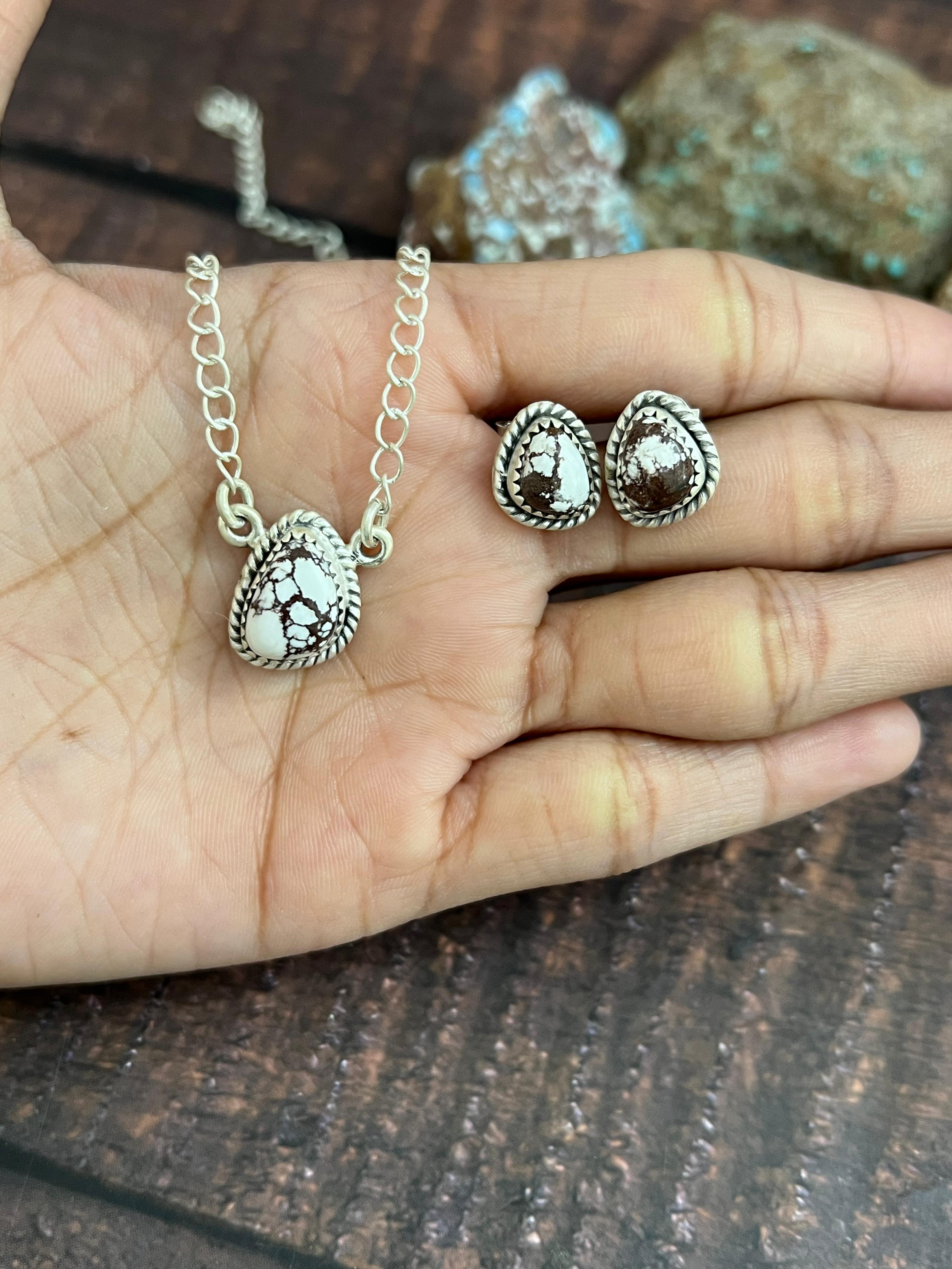 Handmade Sterling Silver Wild Horse Necklace Earrings Set with Signed Nizhoni