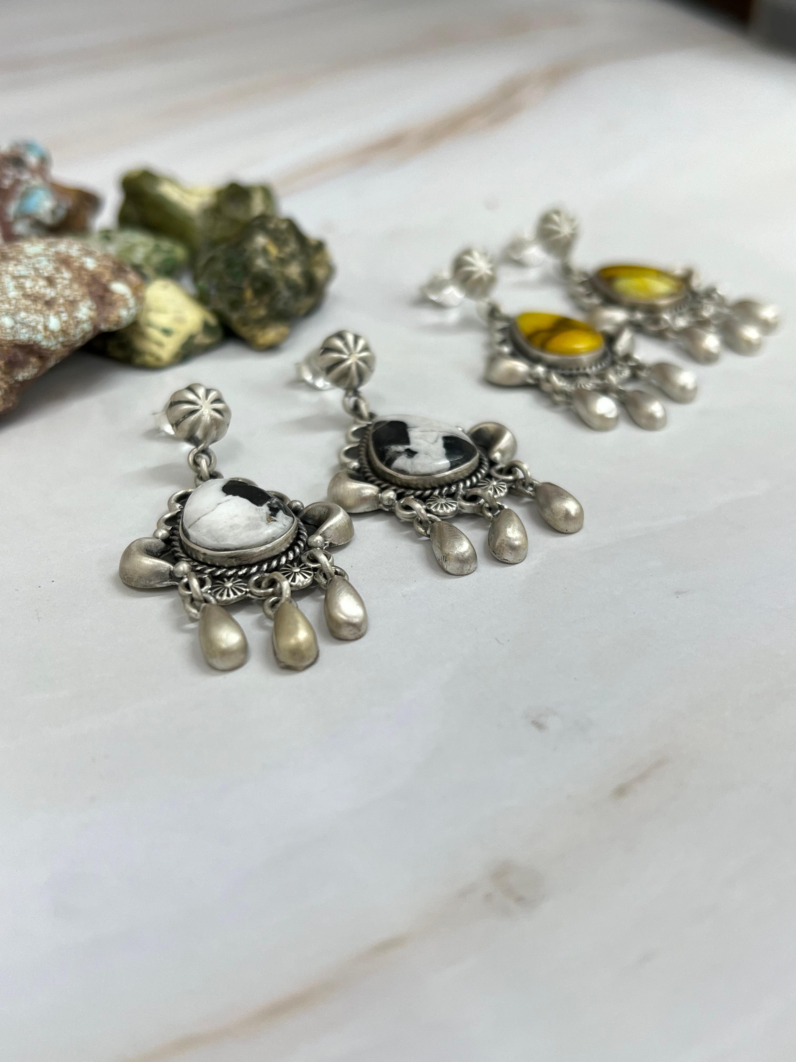 Handmade Sterling Silver White Buffalo Turquoise, Honey Dahlia Dangle Earrings with Signed Nizhoni (3)