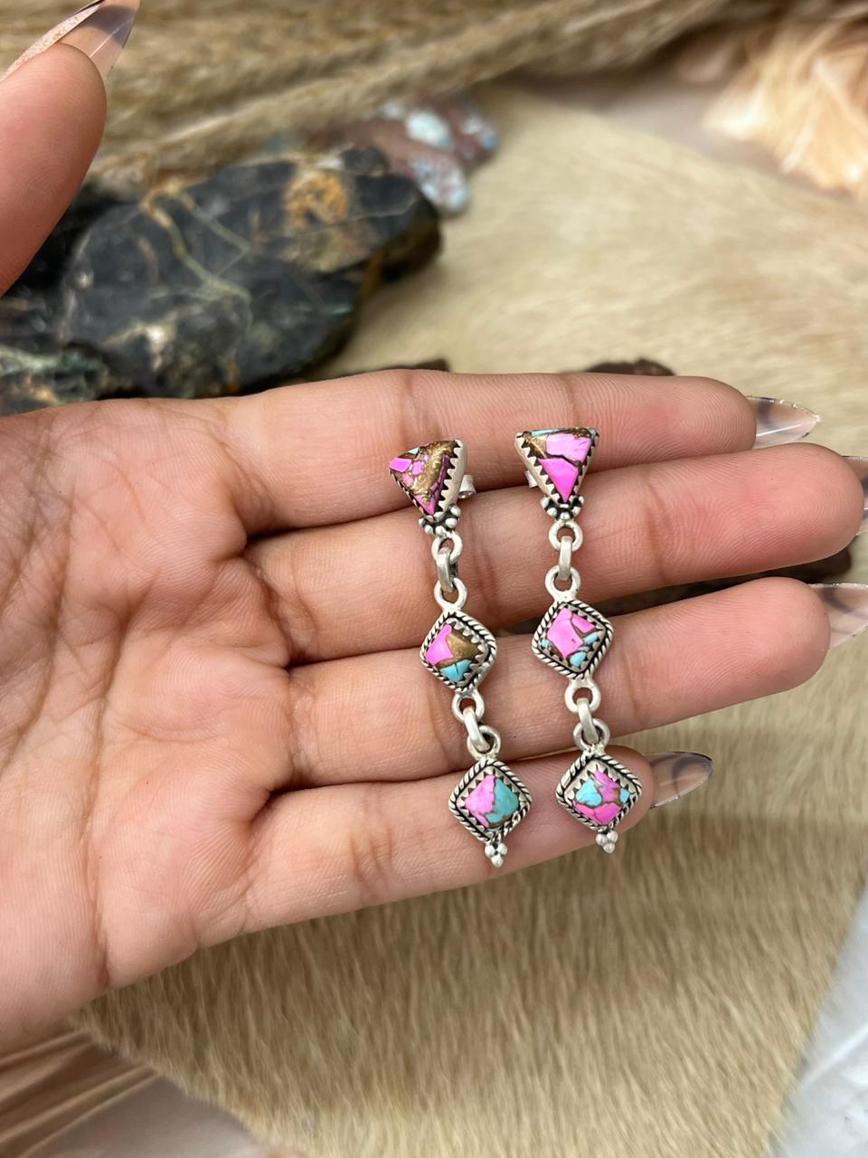 Handmade Sterling Silver Cotton Candy Post Dangle Earrings "Signed Nizhoni"