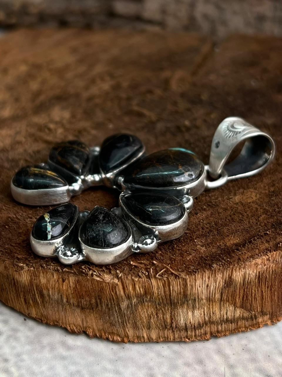 Handmade Sterling Silver Blackjack Turquoise Naja Pendant "Signed Nizhoni"