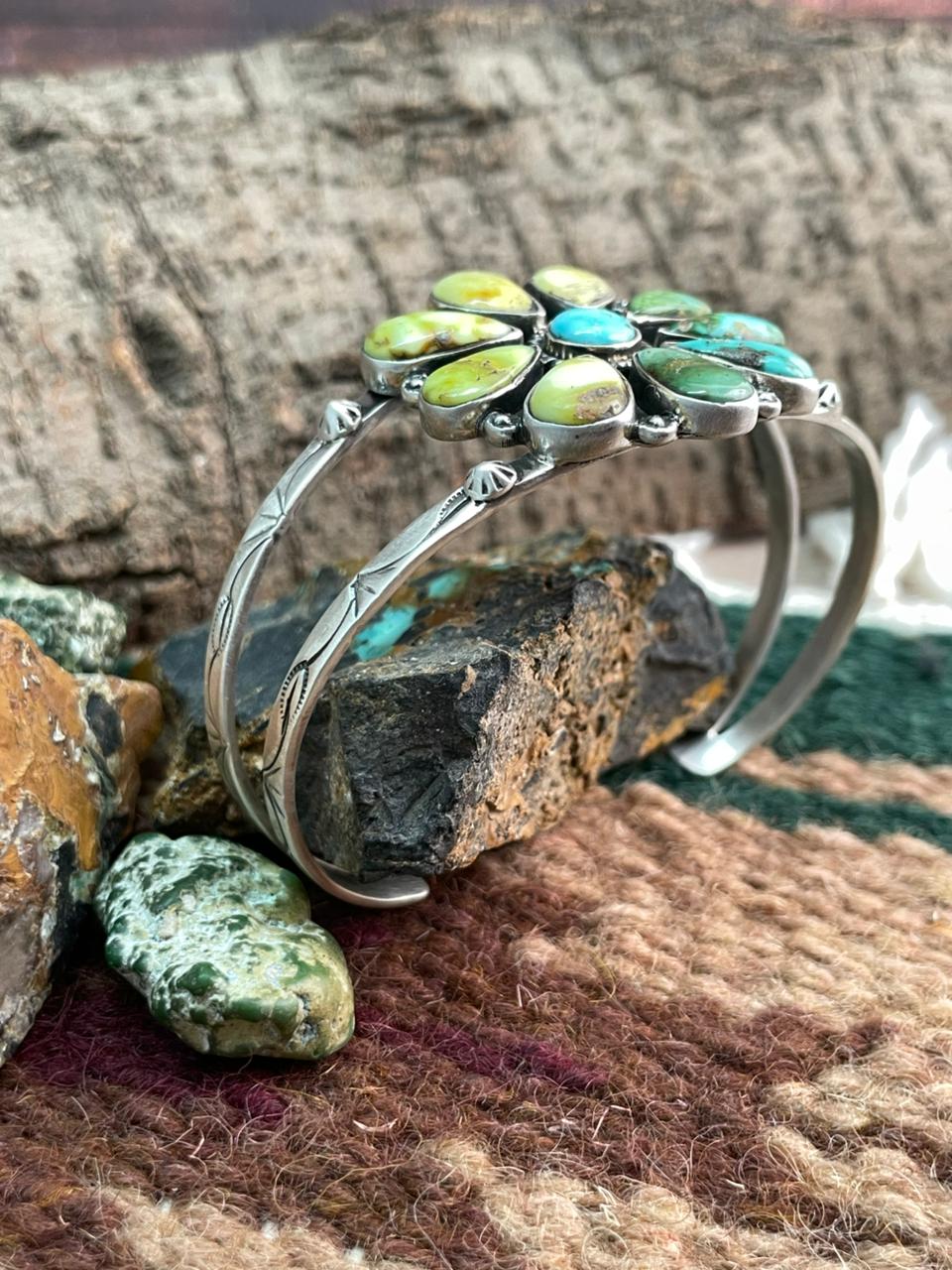 Handmade Sterling Silver White Water with Sonoran and Palomino Cuff Bracelet "Signed Nizhoni"