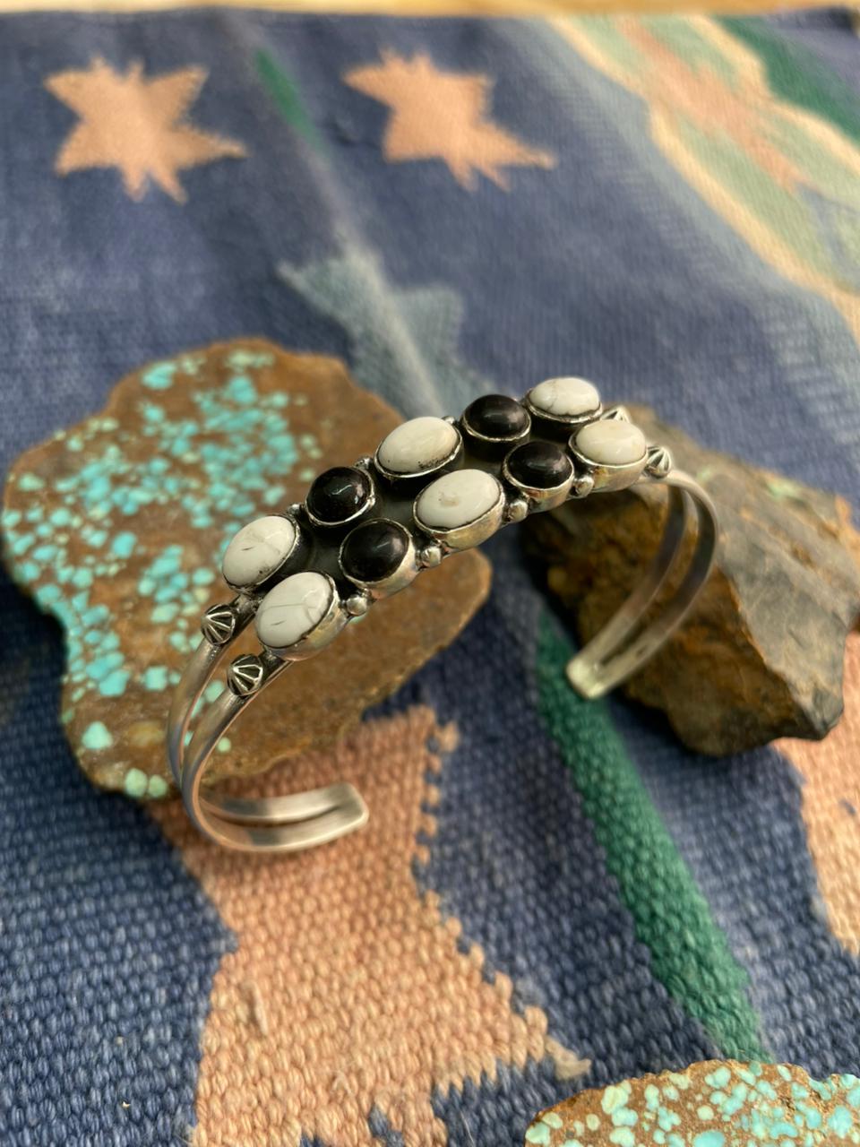 Handmade Sterling Silver White Buffalo Cuff Bracelet "Signed Nizhoni"