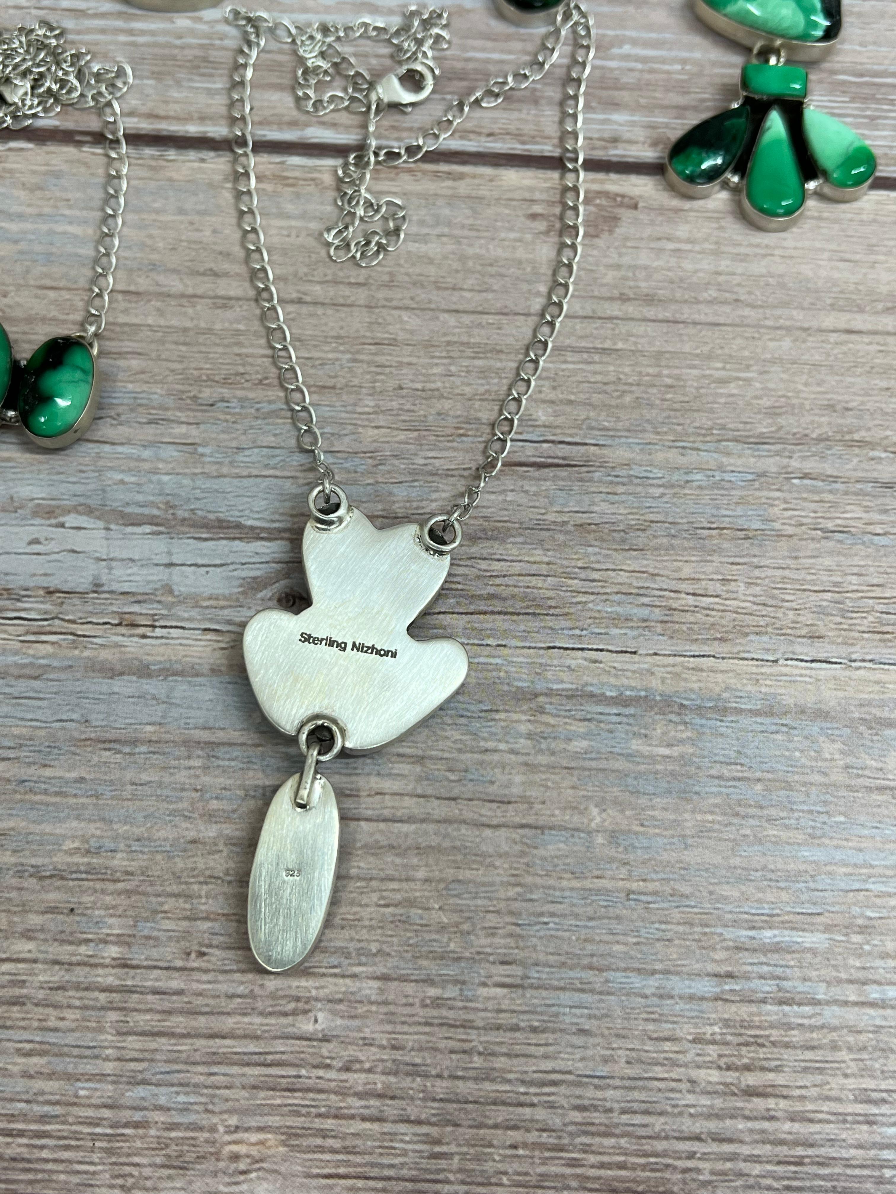 Handmade Sterling Silver Emerald Rose Necklace with Signed Nizhoni