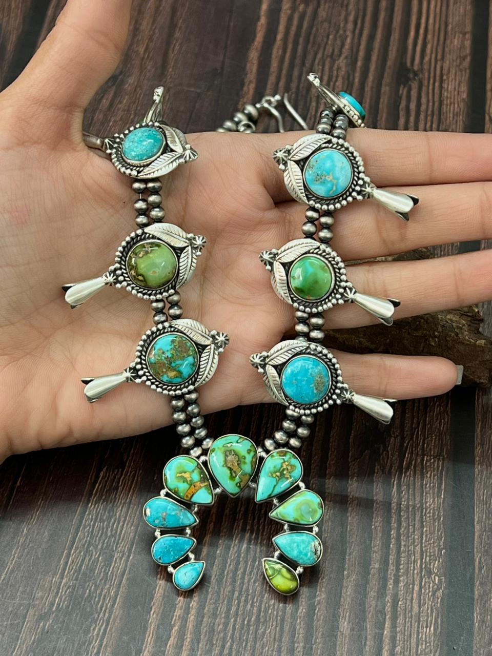 Handmade Sterling Silver Beaded Sonoran with White Water Squash Blossom Necklace "Signed Nizhoni"