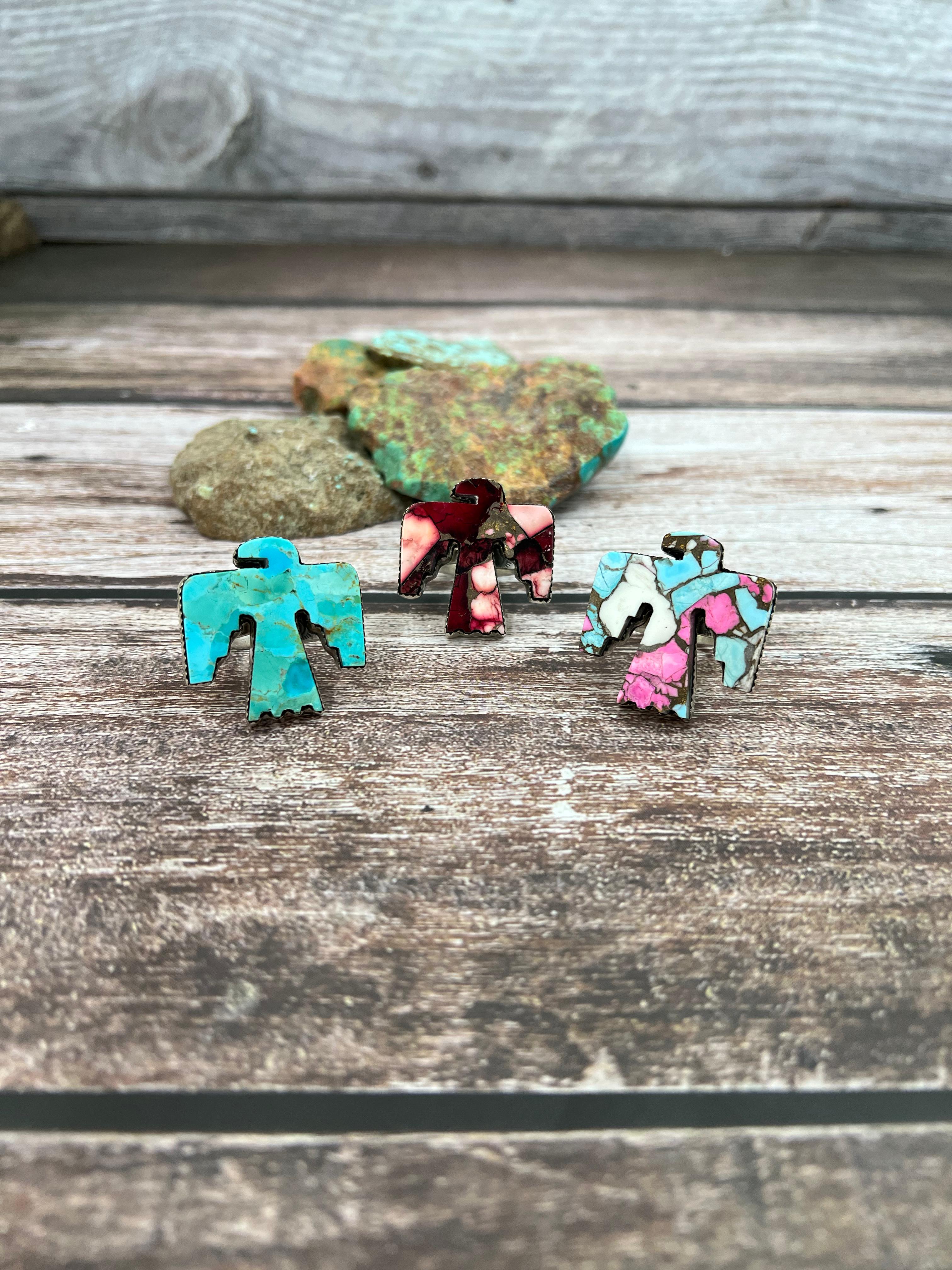 Handmade Sterling Silver Cotton Candy, Kingman Turquoise , Dahlia Rose Thunder Bird Adjustable Ring, Signed Nizhoni