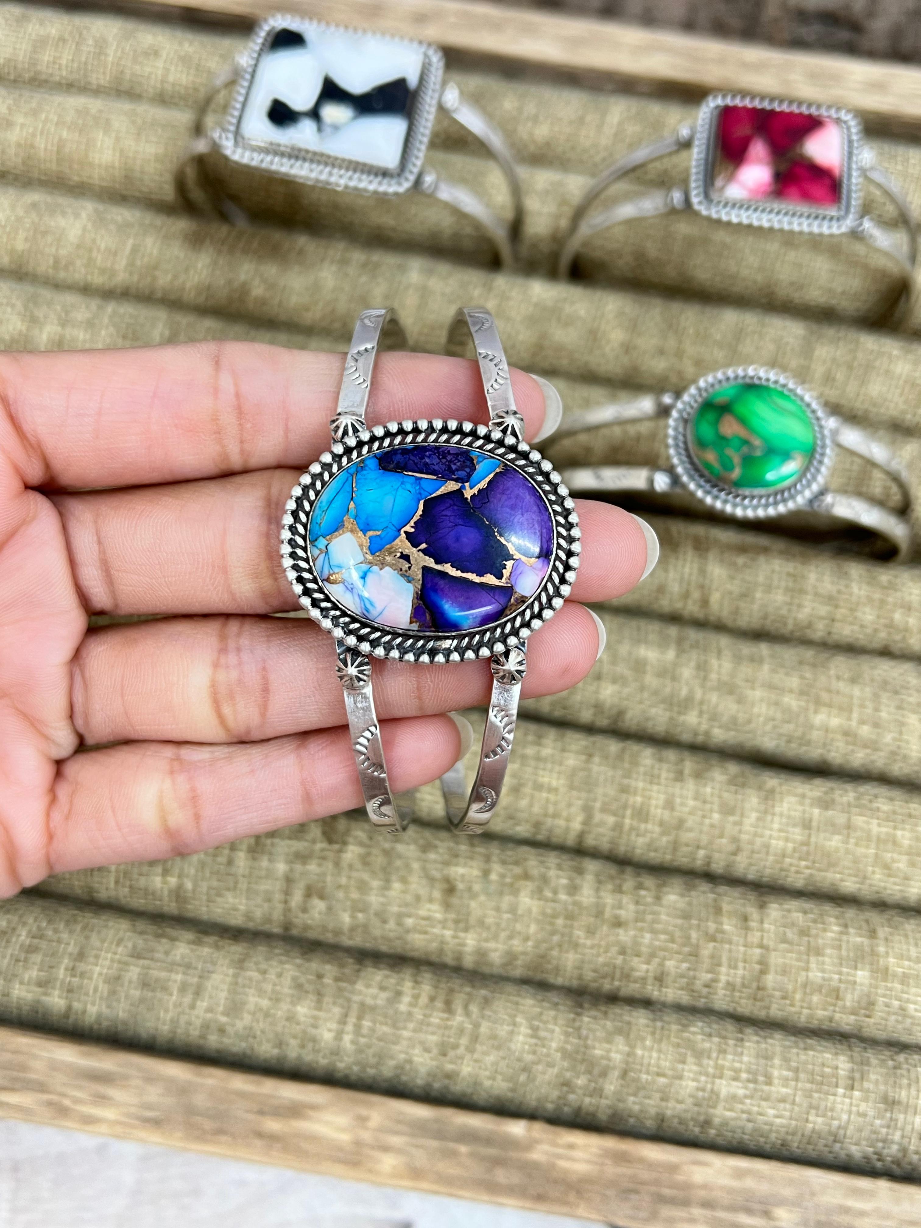 Handmade Sterling Silver Multi Stone Cuff Bracelet with Signed Nizhoni (1)