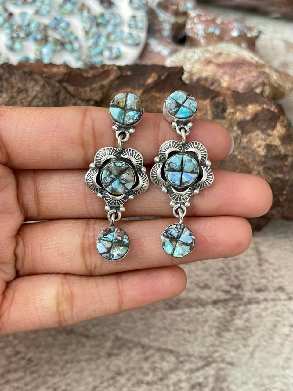Handmade Sterling Silver Golden Hills Cobble Collection Post Dangle Earrings "Signed Nizhoni"