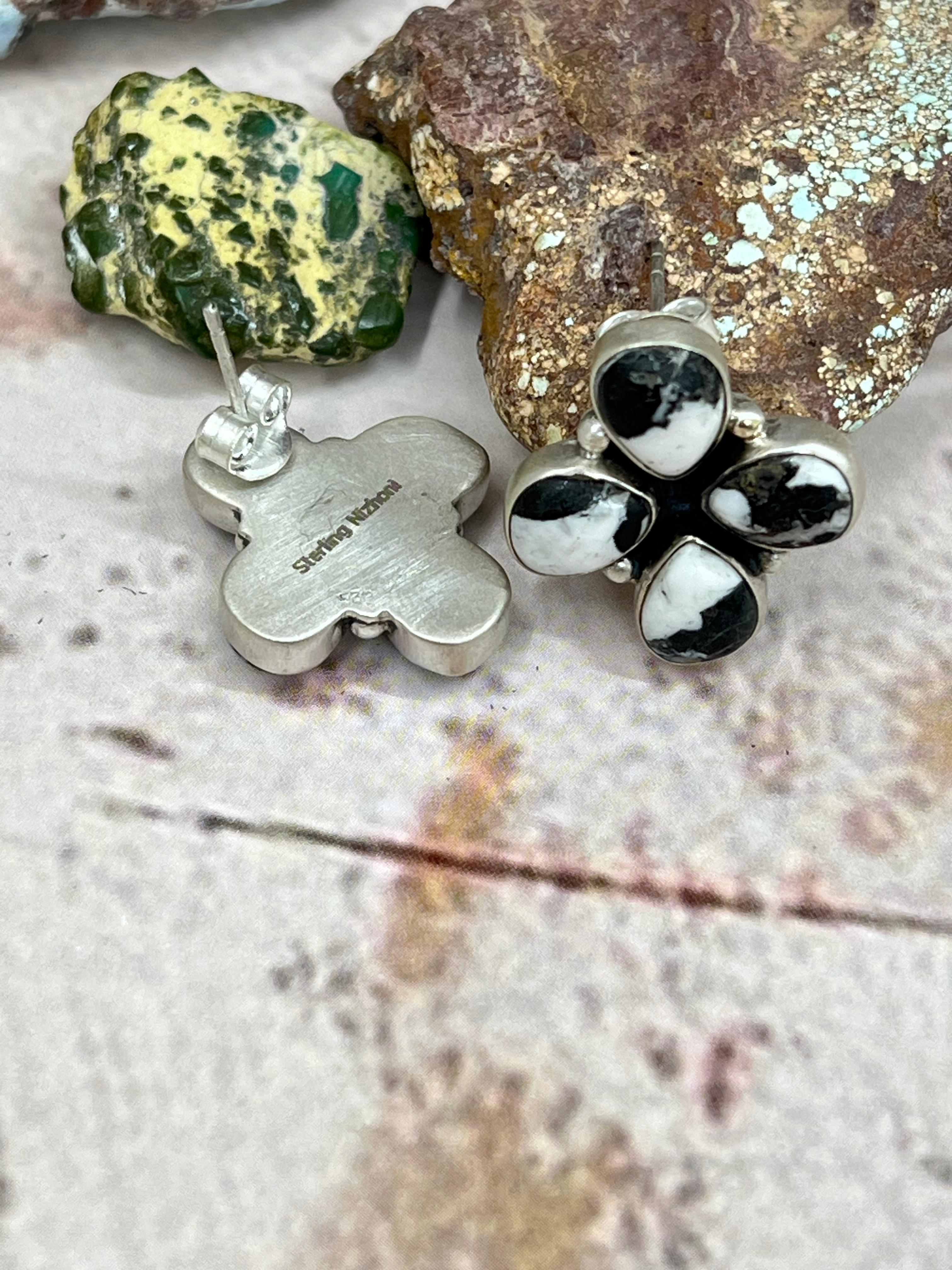 Handmade Sterling Silver White Buffalo Turquoise Earrings with Signed Nizhoni