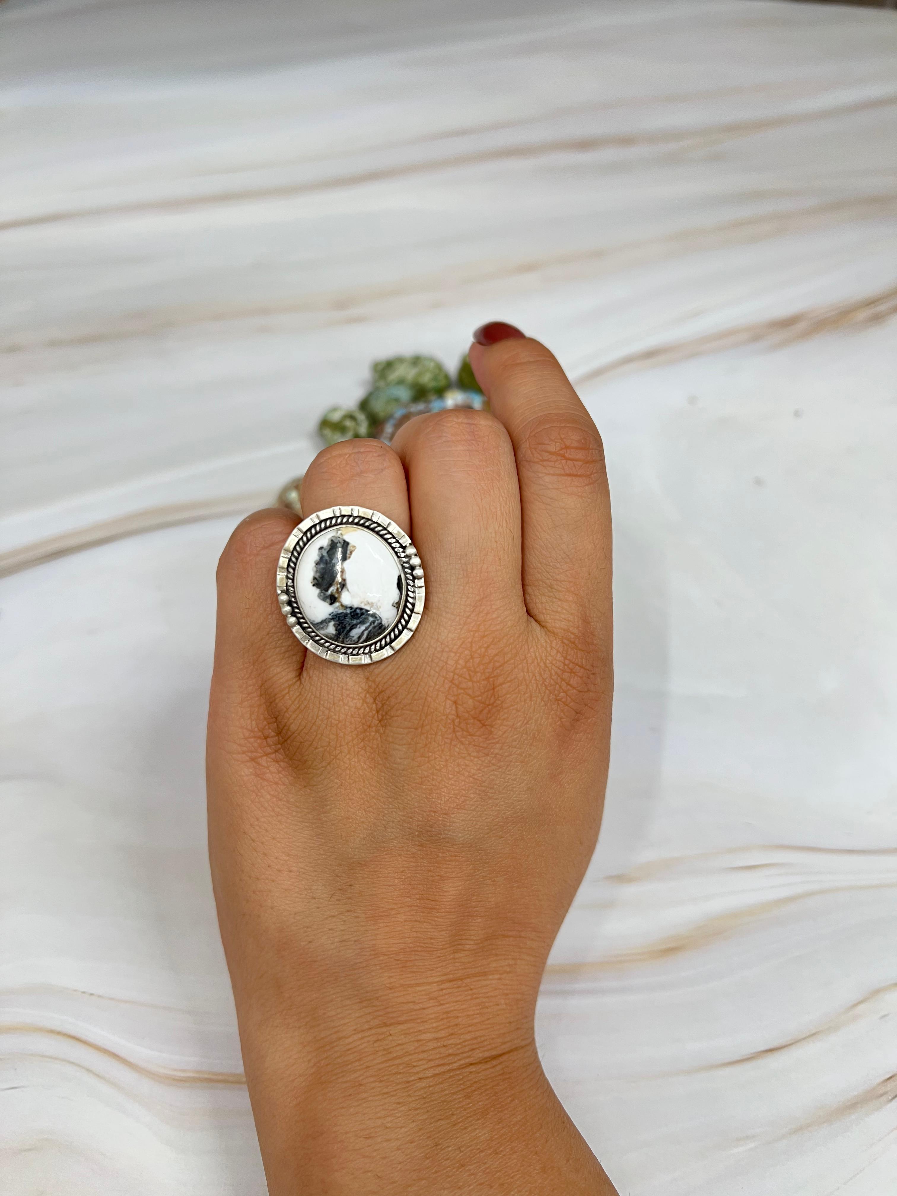 Handmade Sterling Silver White Buffalo Turquoise Adjustable Ring with Signed Nizhoni (8)