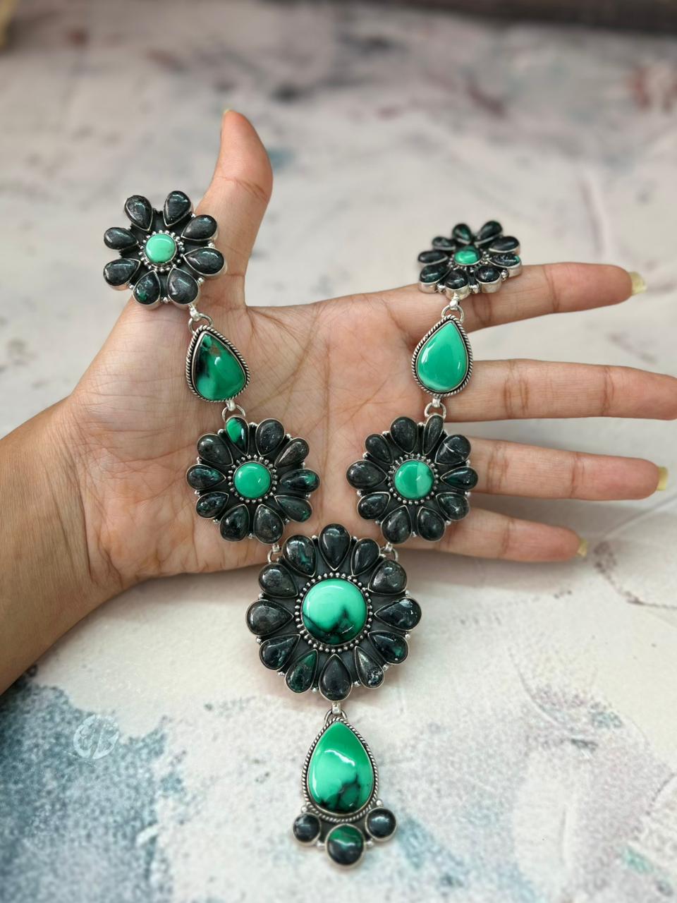 Handmade Sterling Silver Emerald Rose Necklace "Signed Nizhoni"