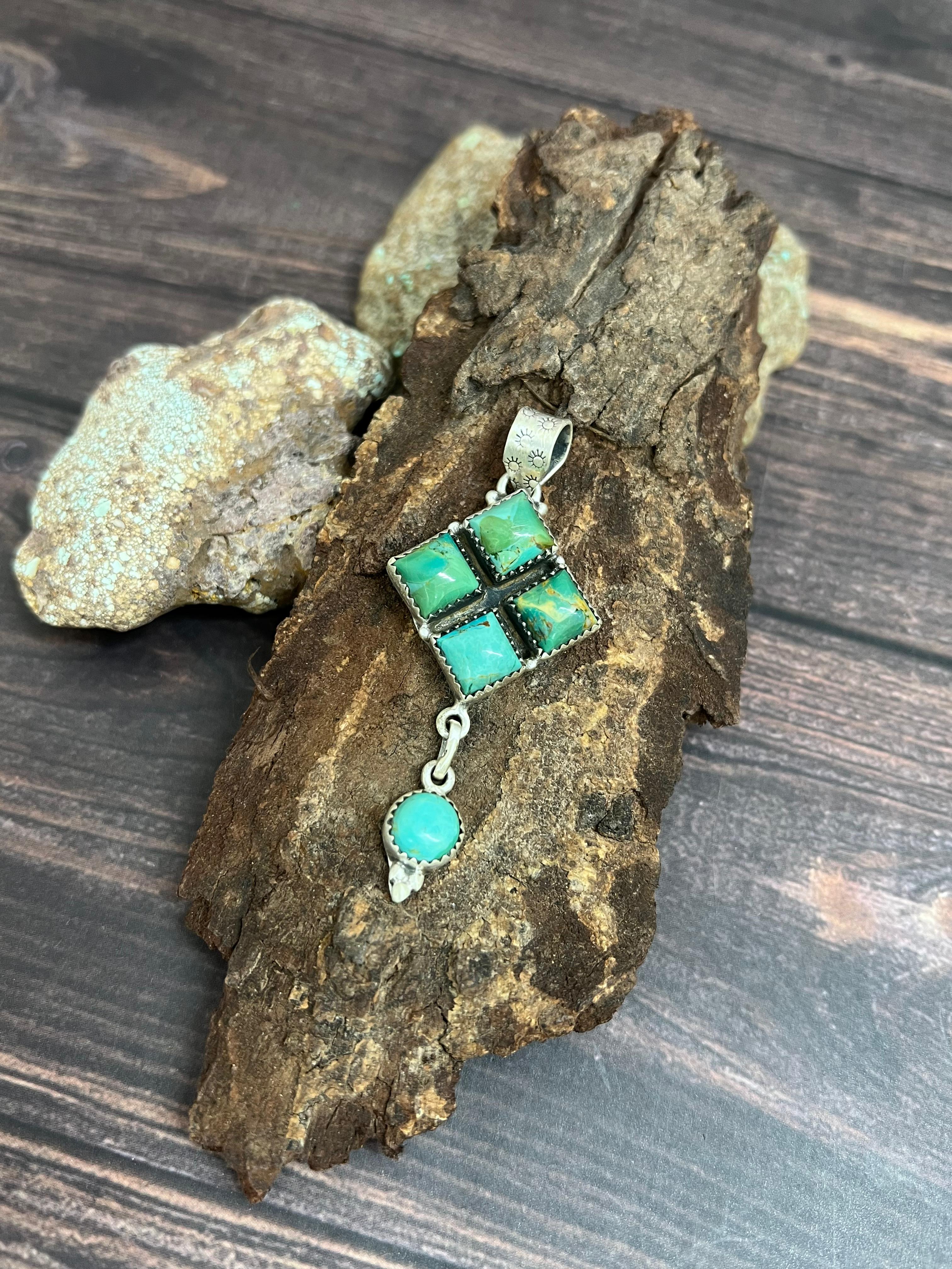 Handmade Sterling Silver Kingman Turquoise Pendant with Signed Nizhoni